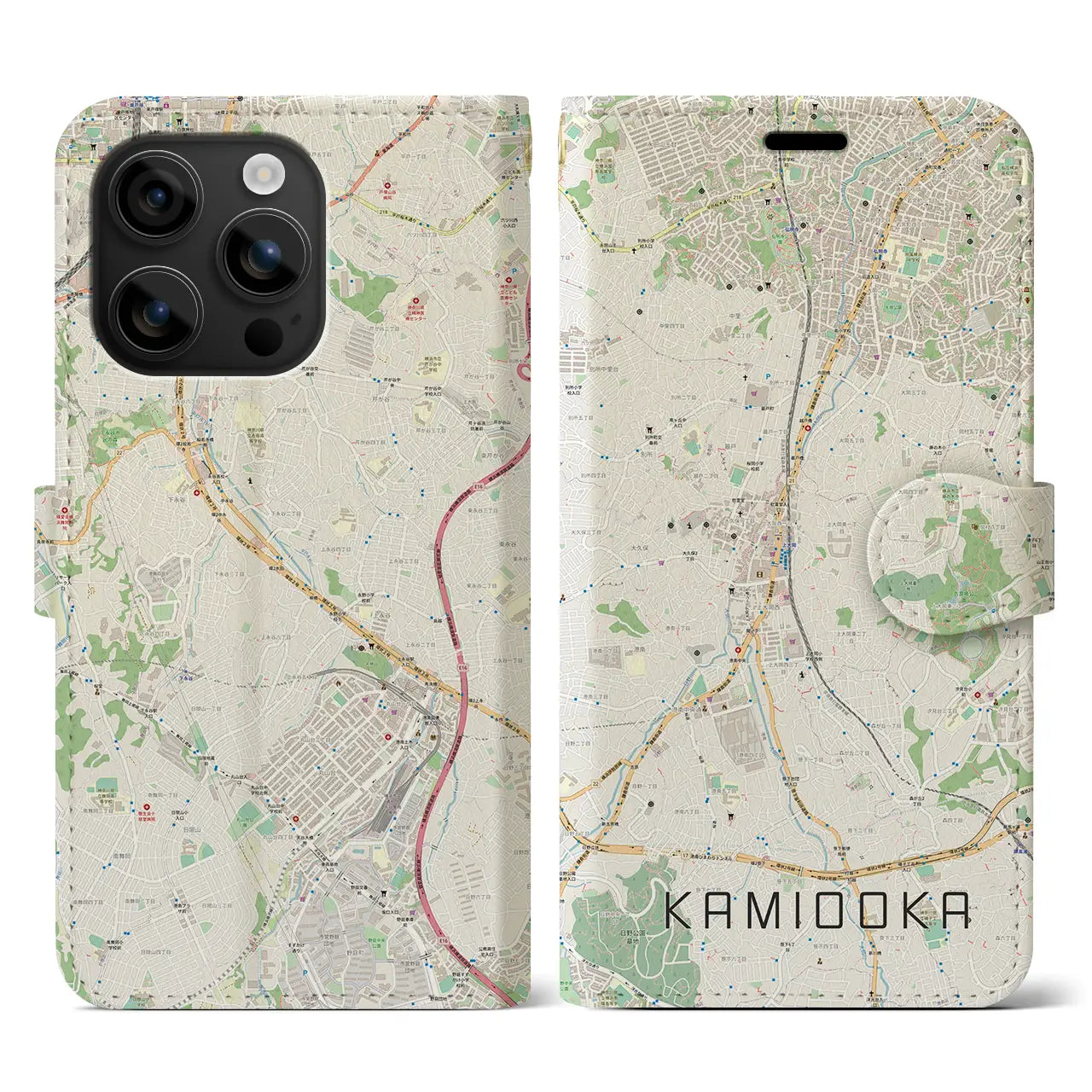 【上大岡(神奈川県)】地図柄iPhoneケース(手帳タイプ)ナチュラル・iPhone 16 用