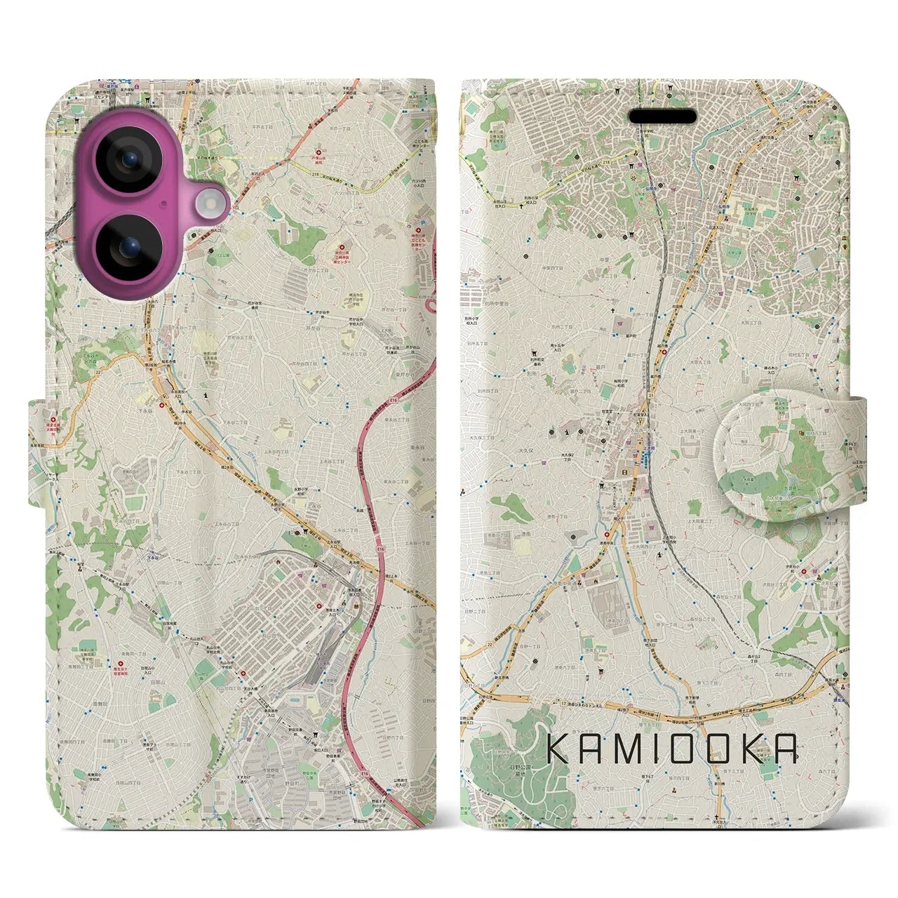 【上大岡(神奈川県)】地図柄iPhoneケース(手帳タイプ)ナチュラル・iPhone 16 Pro 用