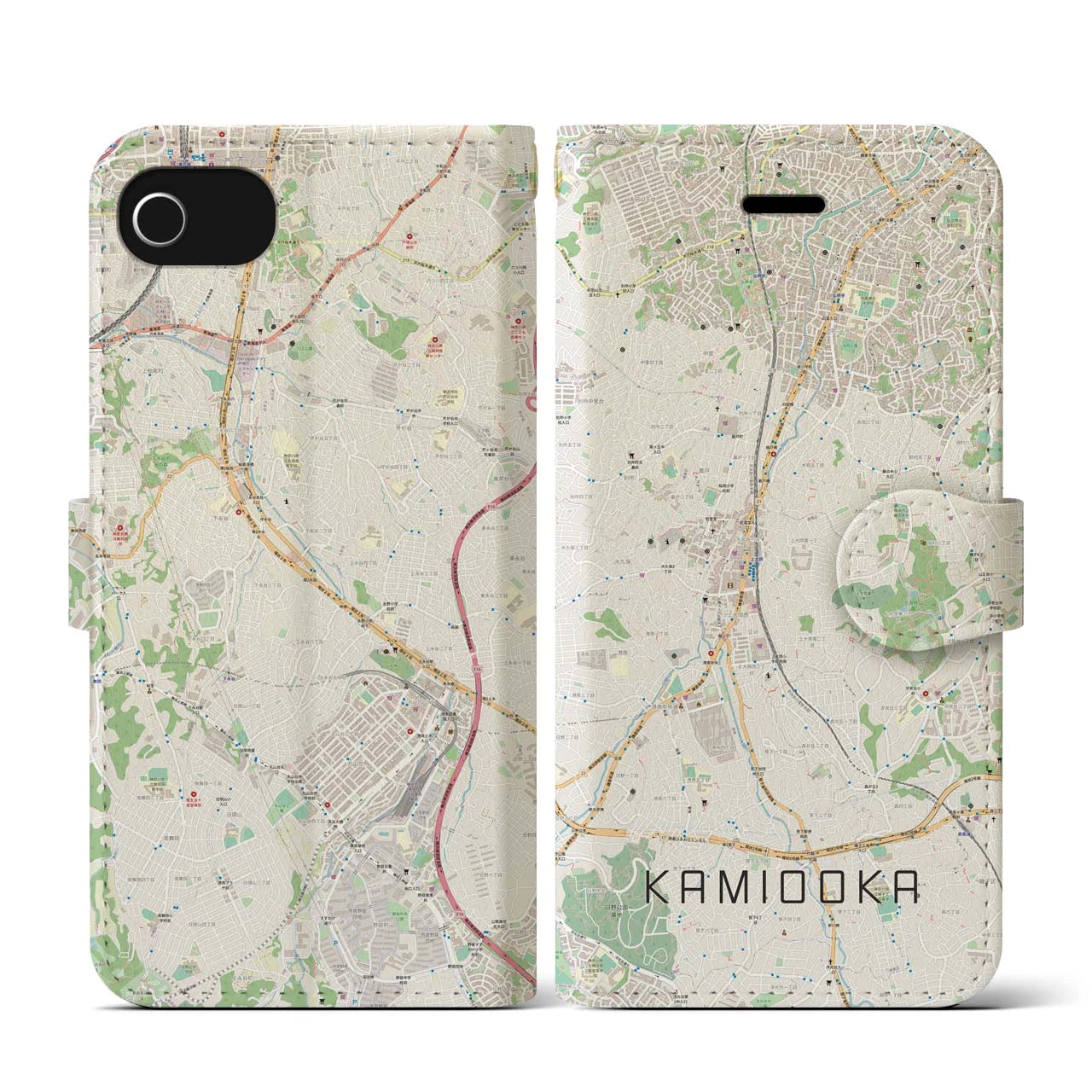 【上大岡(神奈川県)】地図柄iPhoneケース(手帳タイプ)ナチュラル・iPhone SE(第3 / 第2世代) / 8 / 7 / 6s / 6 用