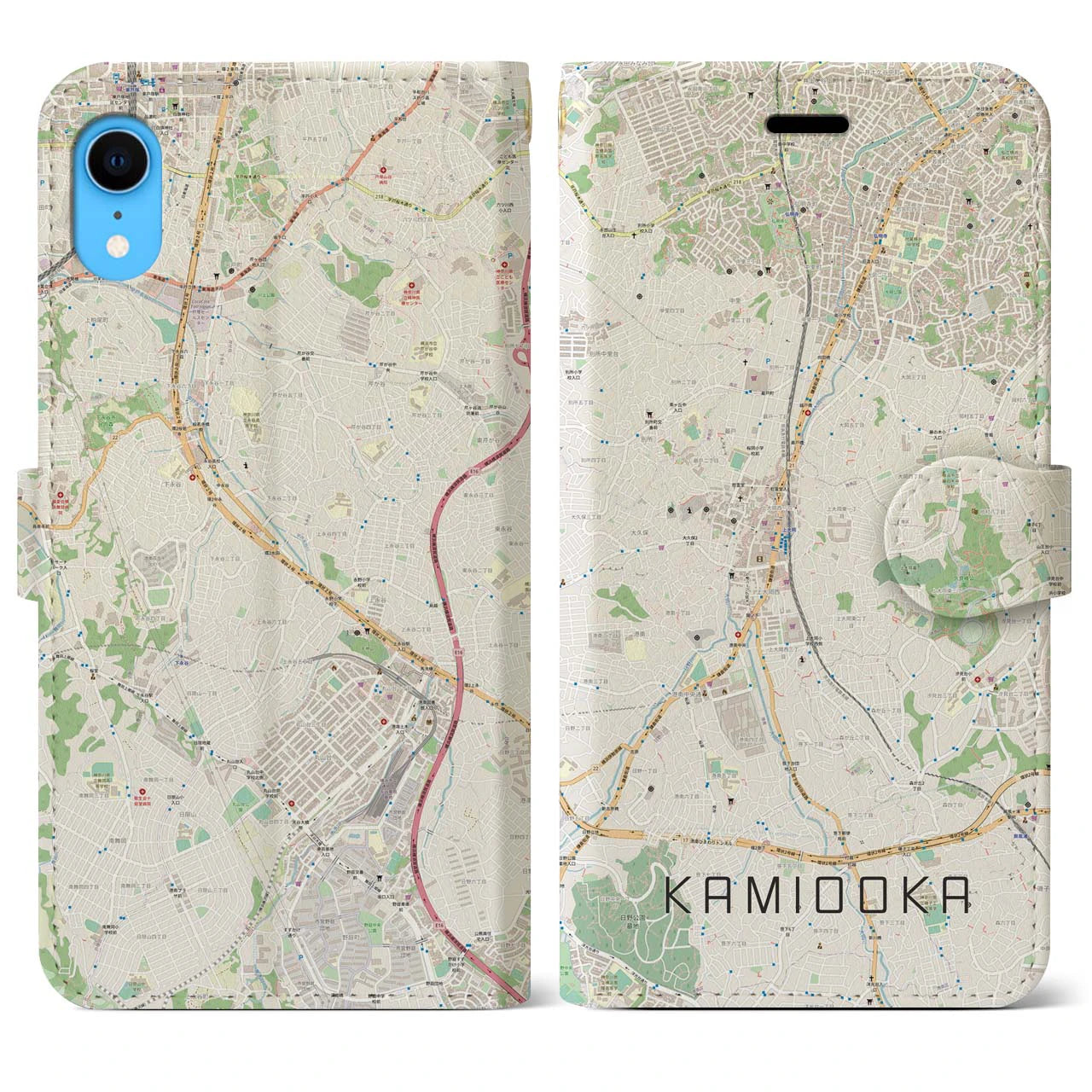 【上大岡(神奈川県)】地図柄iPhoneケース(手帳タイプ)ナチュラル・iPhone XR 用