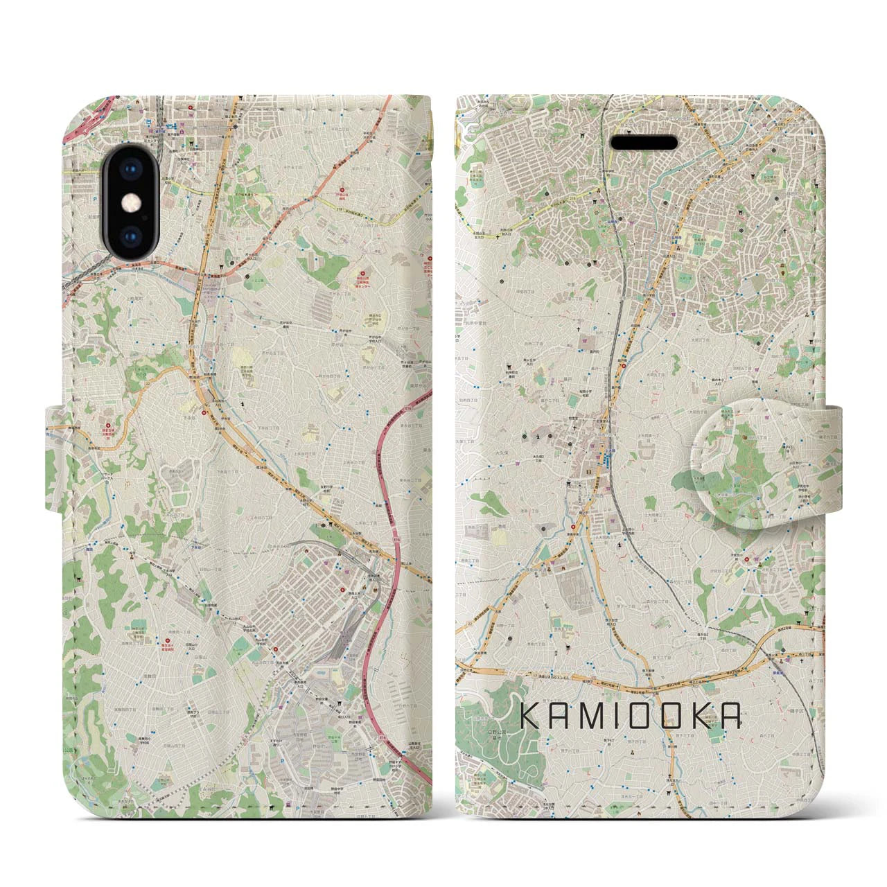 【上大岡(神奈川県)】地図柄iPhoneケース(手帳タイプ)ナチュラル・iPhone XS / X 用