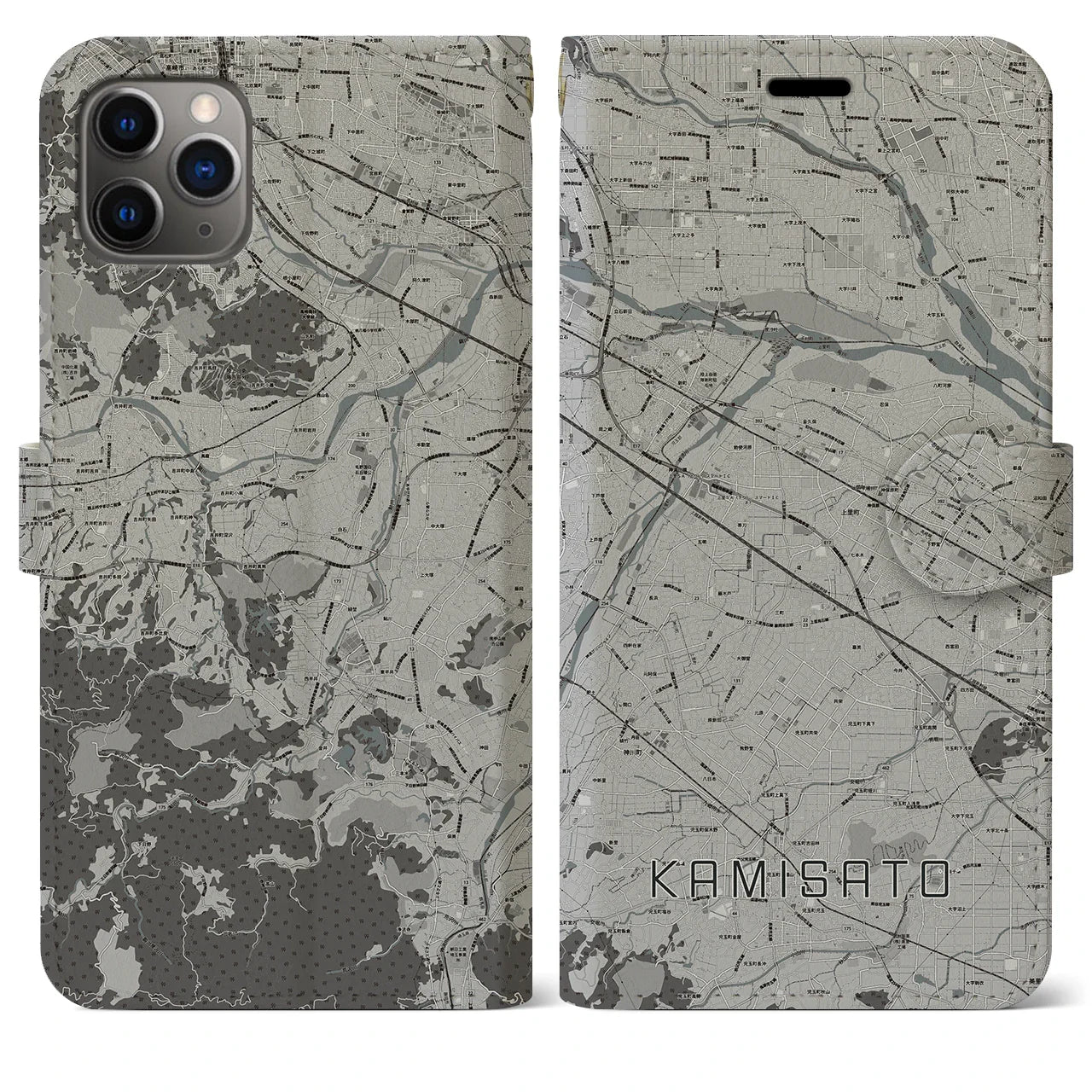【上里(埼玉県)】地図柄iPhoneケース(手帳タイプ)モノトーン・iPhone 11 Pro Max 用