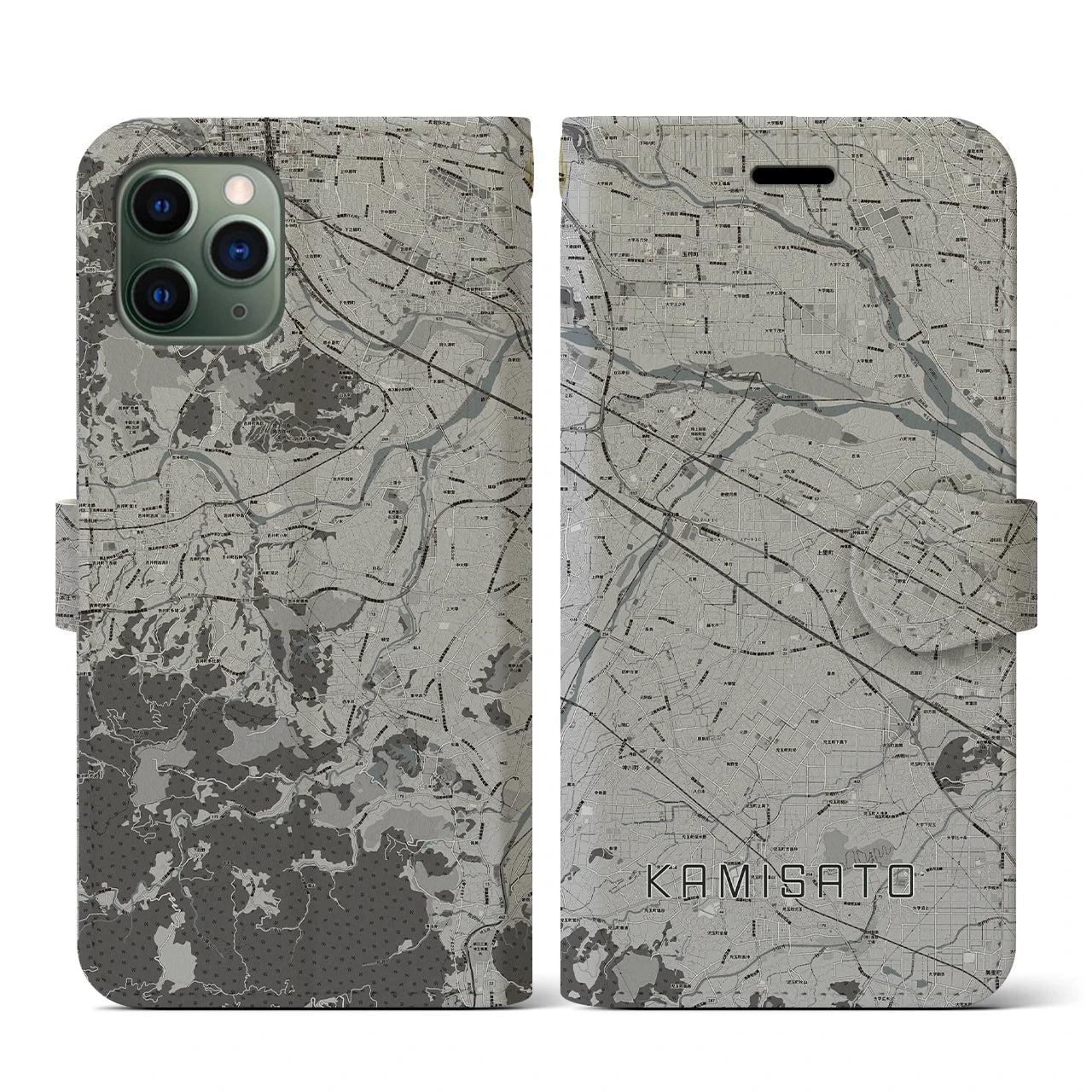 【上里(埼玉県)】地図柄iPhoneケース(手帳タイプ)モノトーン・iPhone 11 Pro 用