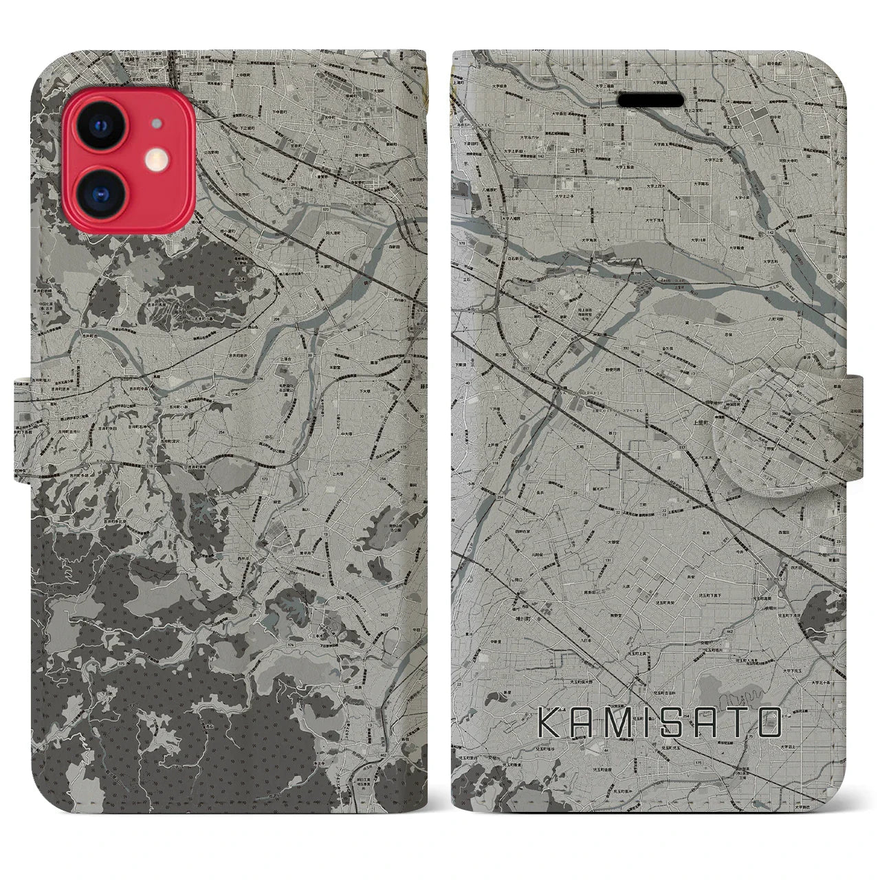 【上里(埼玉県)】地図柄iPhoneケース(手帳タイプ)モノトーン・iPhone 11 用