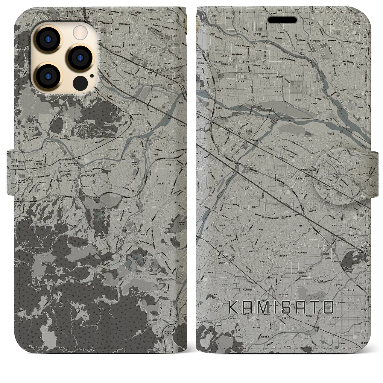 【上里(埼玉県)】地図柄iPhoneケース(手帳タイプ)モノトーン・iPhone 12 Pro Max 用