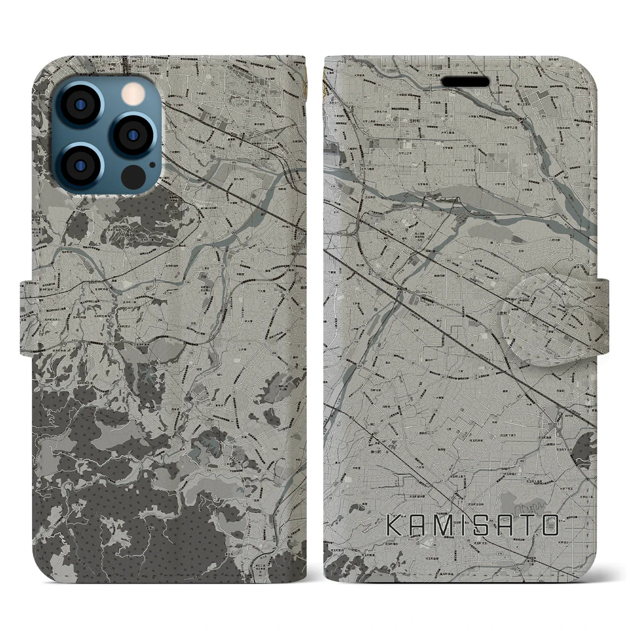 【上里(埼玉県)】地図柄iPhoneケース(手帳タイプ)モノトーン・iPhone 12 / 12 Pro 用