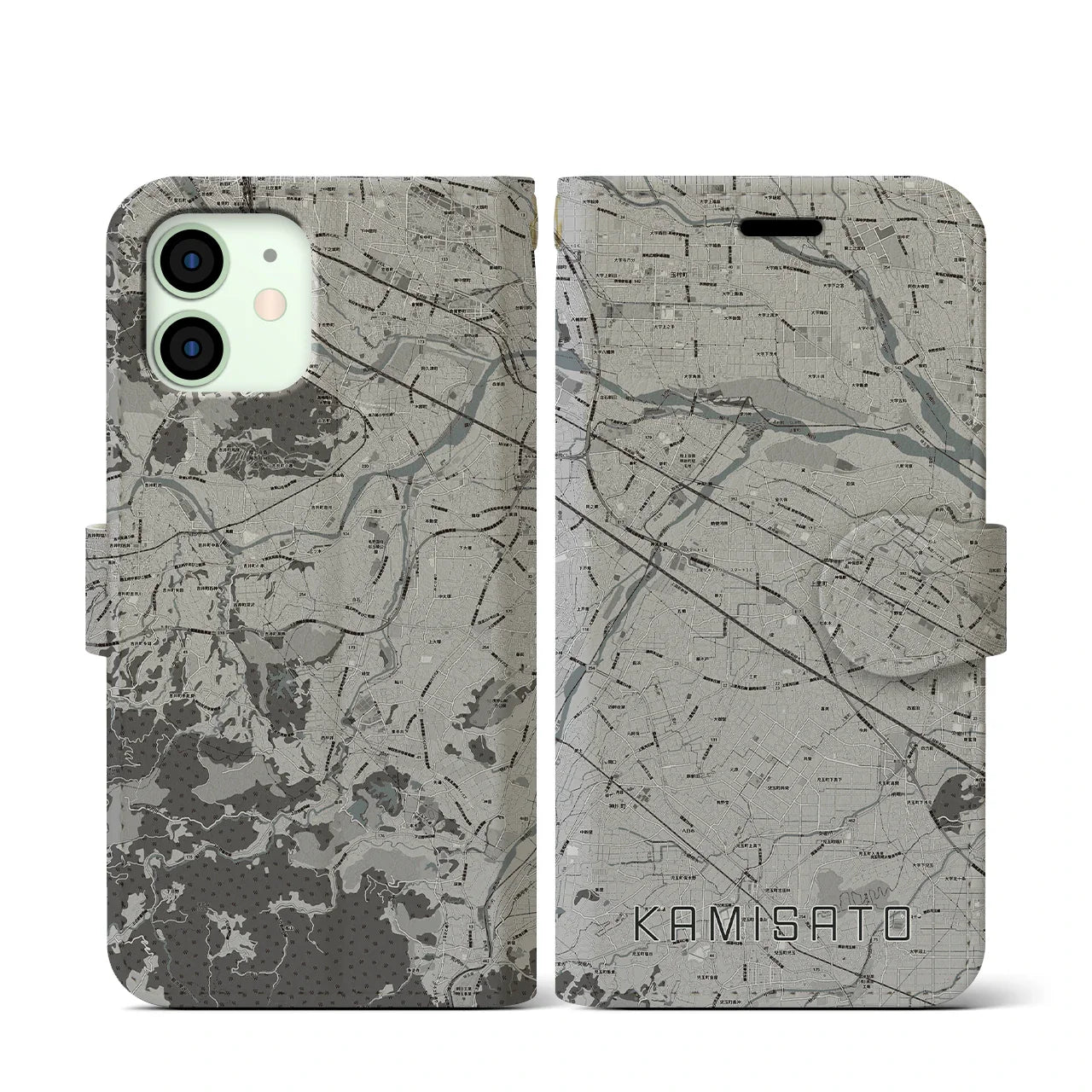 【上里(埼玉県)】地図柄iPhoneケース(手帳タイプ)モノトーン・iPhone 12 mini 用