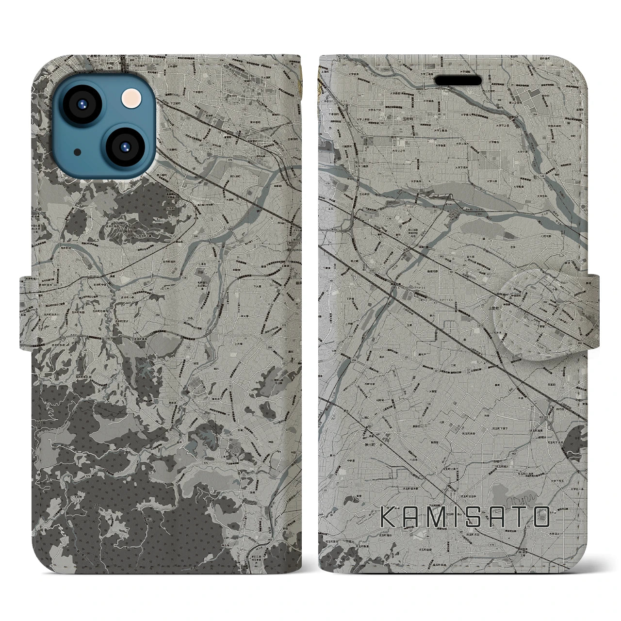 【上里(埼玉県)】地図柄iPhoneケース(手帳タイプ)モノトーン・iPhone 13 用