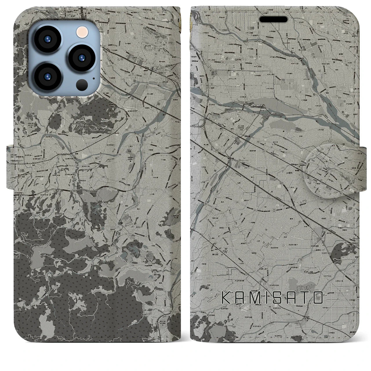 【上里(埼玉県)】地図柄iPhoneケース(手帳タイプ)モノトーン・iPhone 13 Pro Max 用