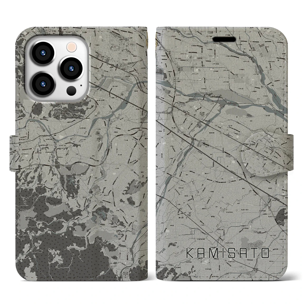 【上里(埼玉県)】地図柄iPhoneケース(手帳タイプ)モノトーン・iPhone 13 Pro 用