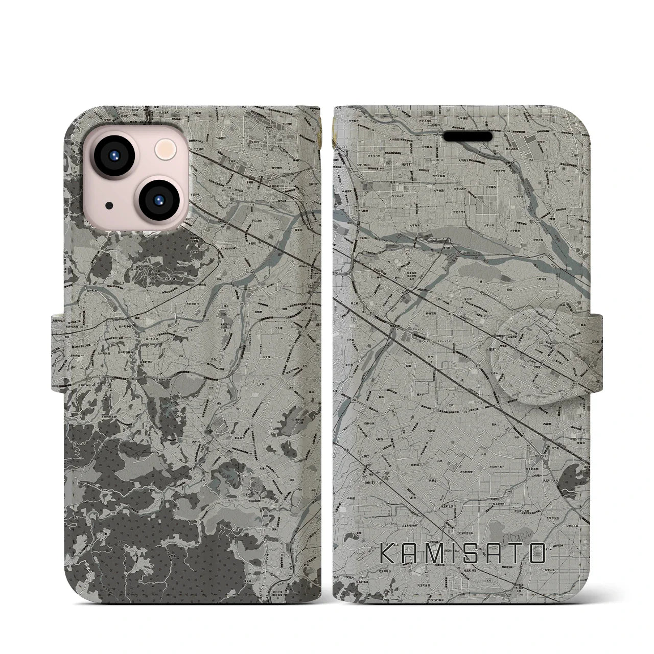 【上里(埼玉県)】地図柄iPhoneケース(手帳タイプ)モノトーン・iPhone 13 mini 用