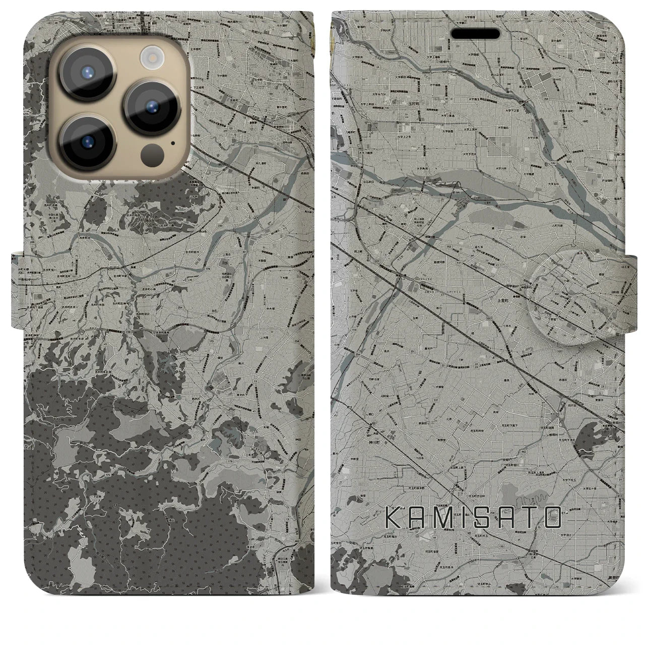 【上里(埼玉県)】地図柄iPhoneケース(手帳タイプ)モノトーン・iPhone 14 Pro Max 用