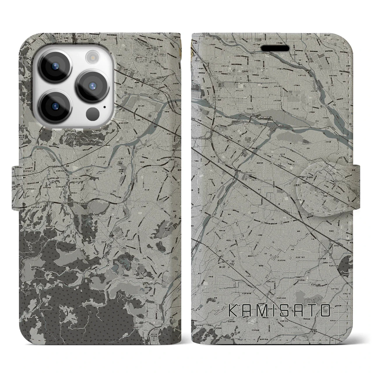 【上里(埼玉県)】地図柄iPhoneケース(手帳タイプ)モノトーン・iPhone 14 Pro 用