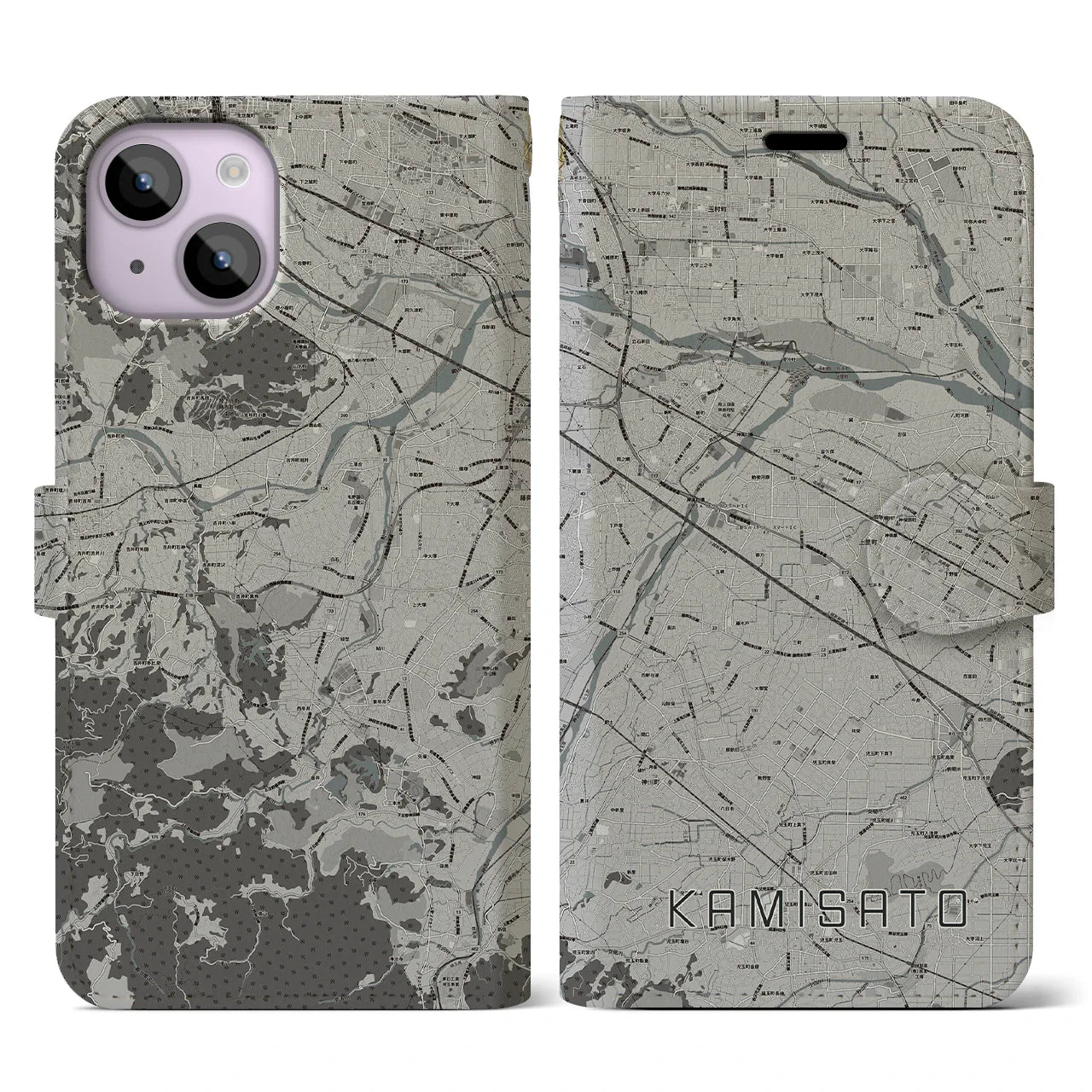 【上里(埼玉県)】地図柄iPhoneケース(手帳タイプ)モノトーン・iPhone 14 用