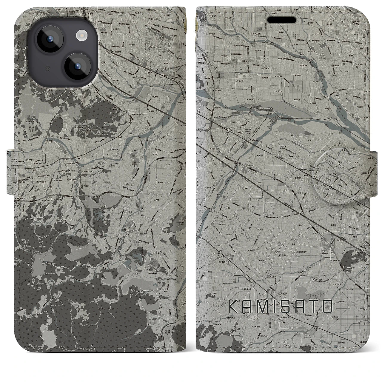 【上里(埼玉県)】地図柄iPhoneケース(手帳タイプ)モノトーン・iPhone 14 Plus 用