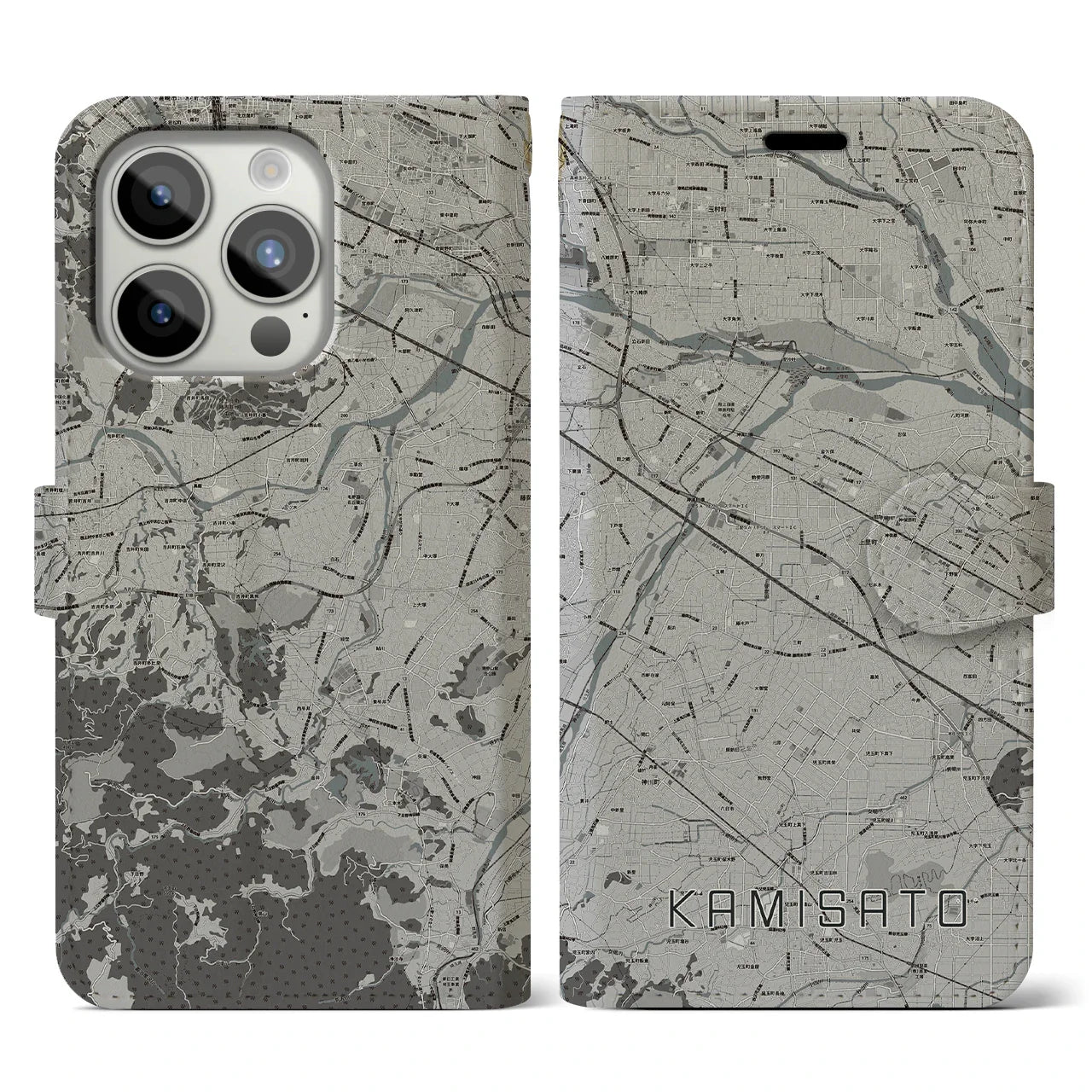 【上里(埼玉県)】地図柄iPhoneケース(手帳タイプ)モノトーン・iPhone 15 Pro 用