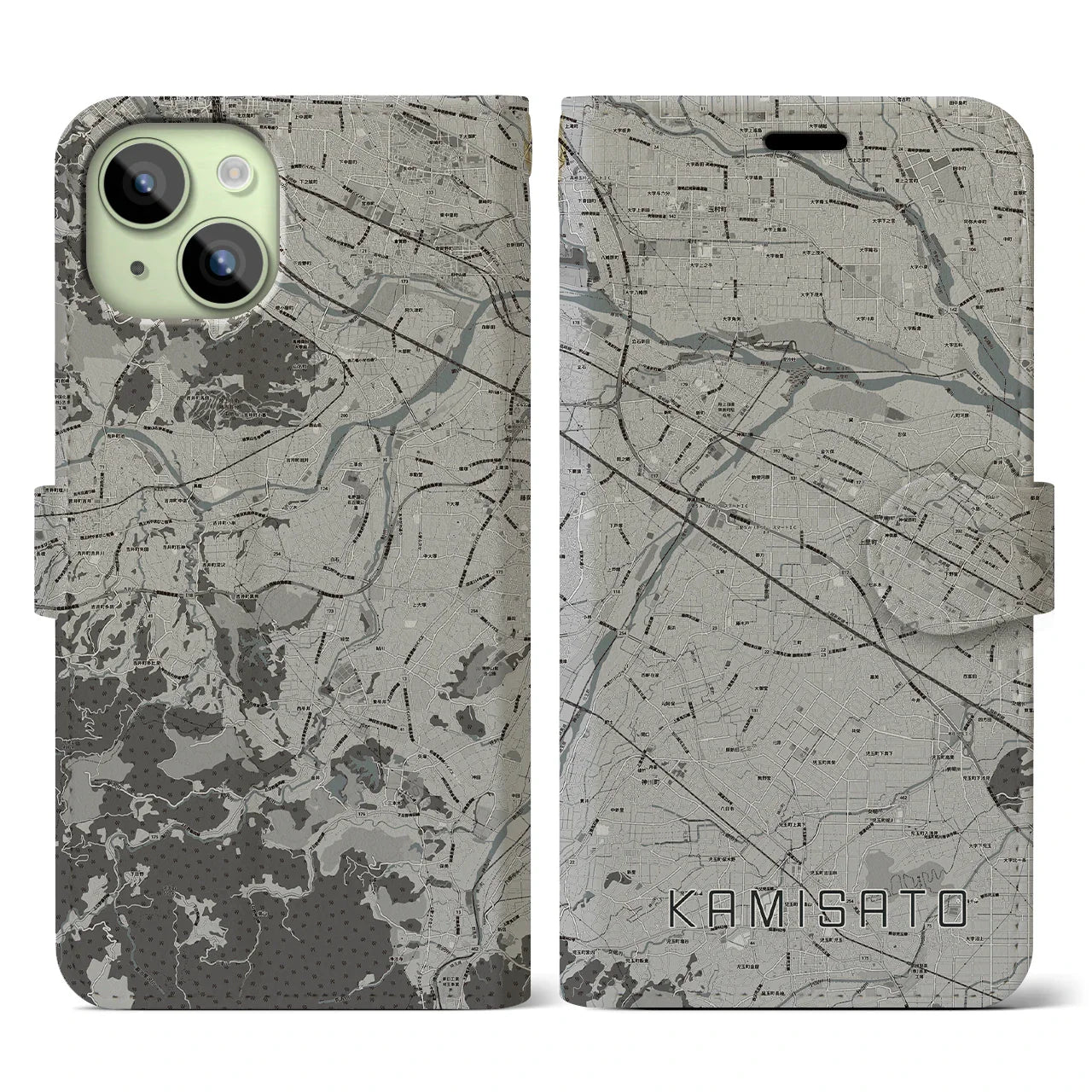 【上里(埼玉県)】地図柄iPhoneケース(手帳タイプ)モノトーン・iPhone 15 用
