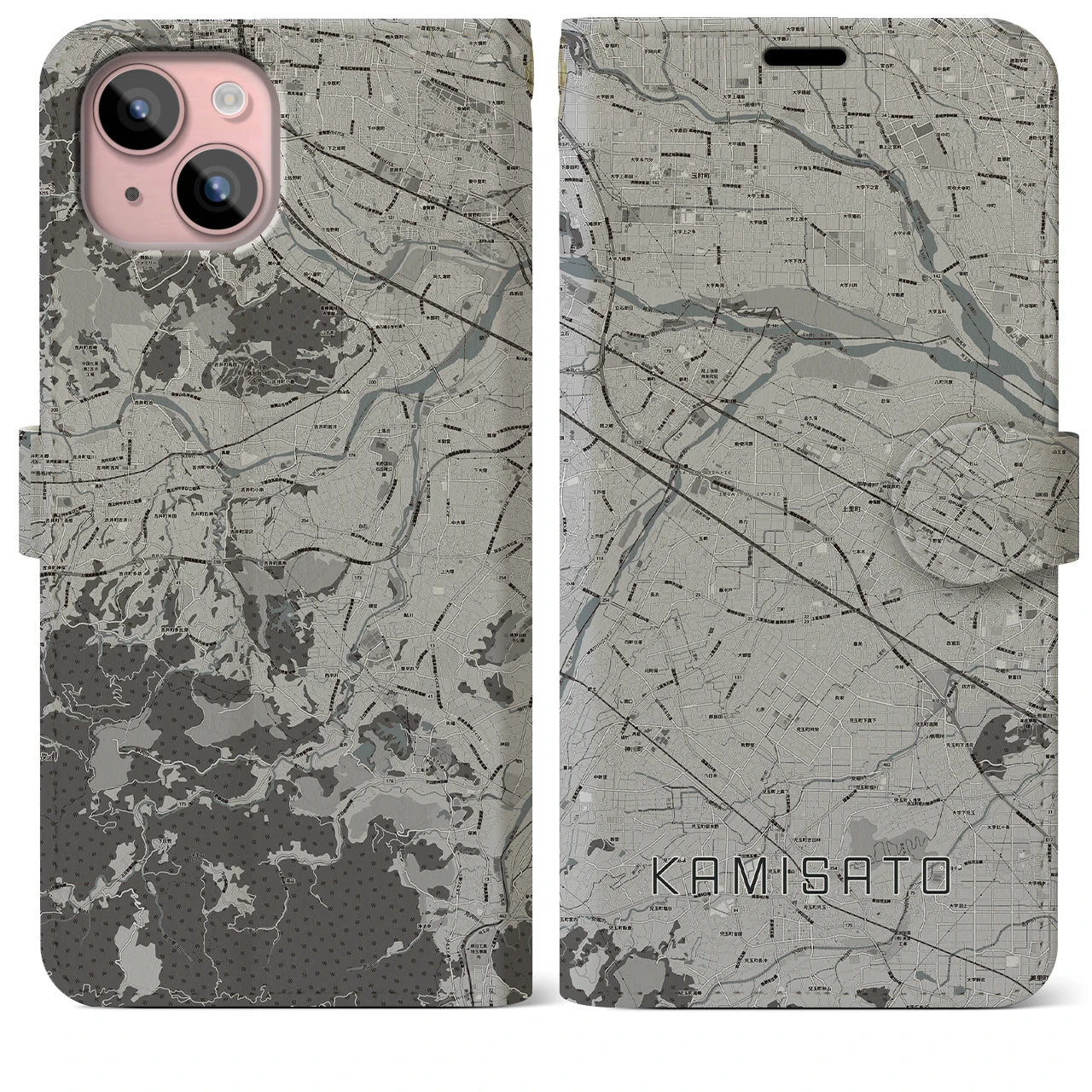 【上里(埼玉県)】地図柄iPhoneケース(手帳タイプ)モノトーン・iPhone 15 Plus 用