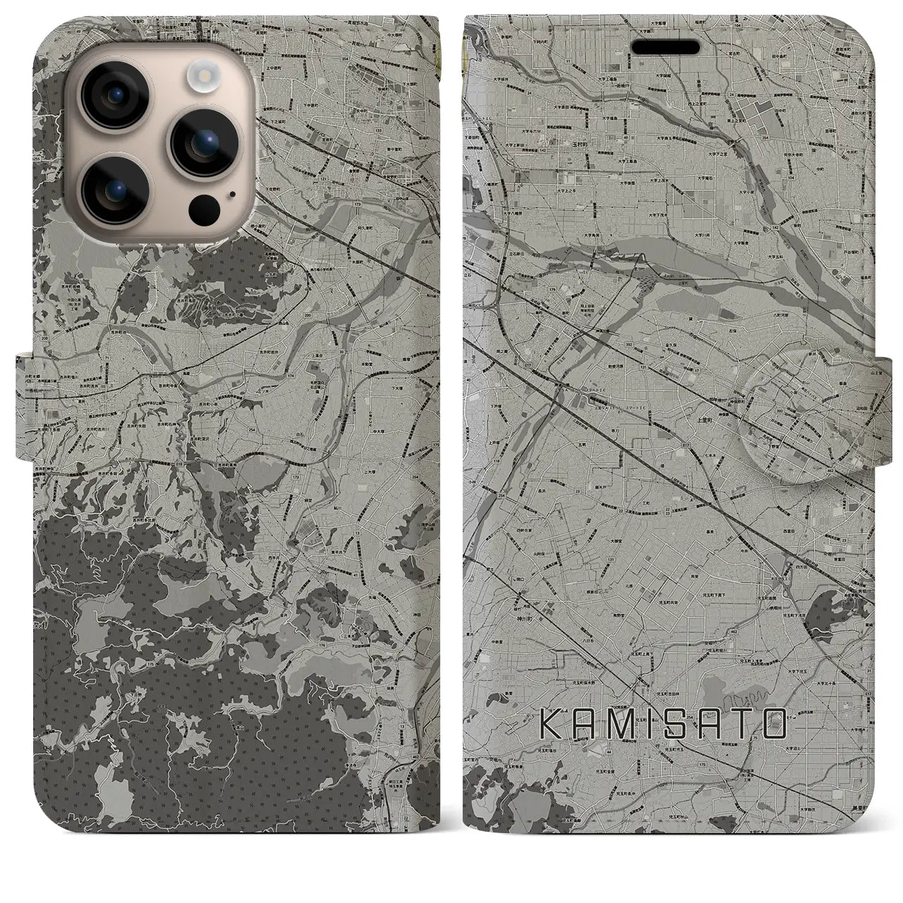 【上里(埼玉県)】地図柄iPhoneケース(手帳タイプ)モノトーン・iPhone 16 Plus 用