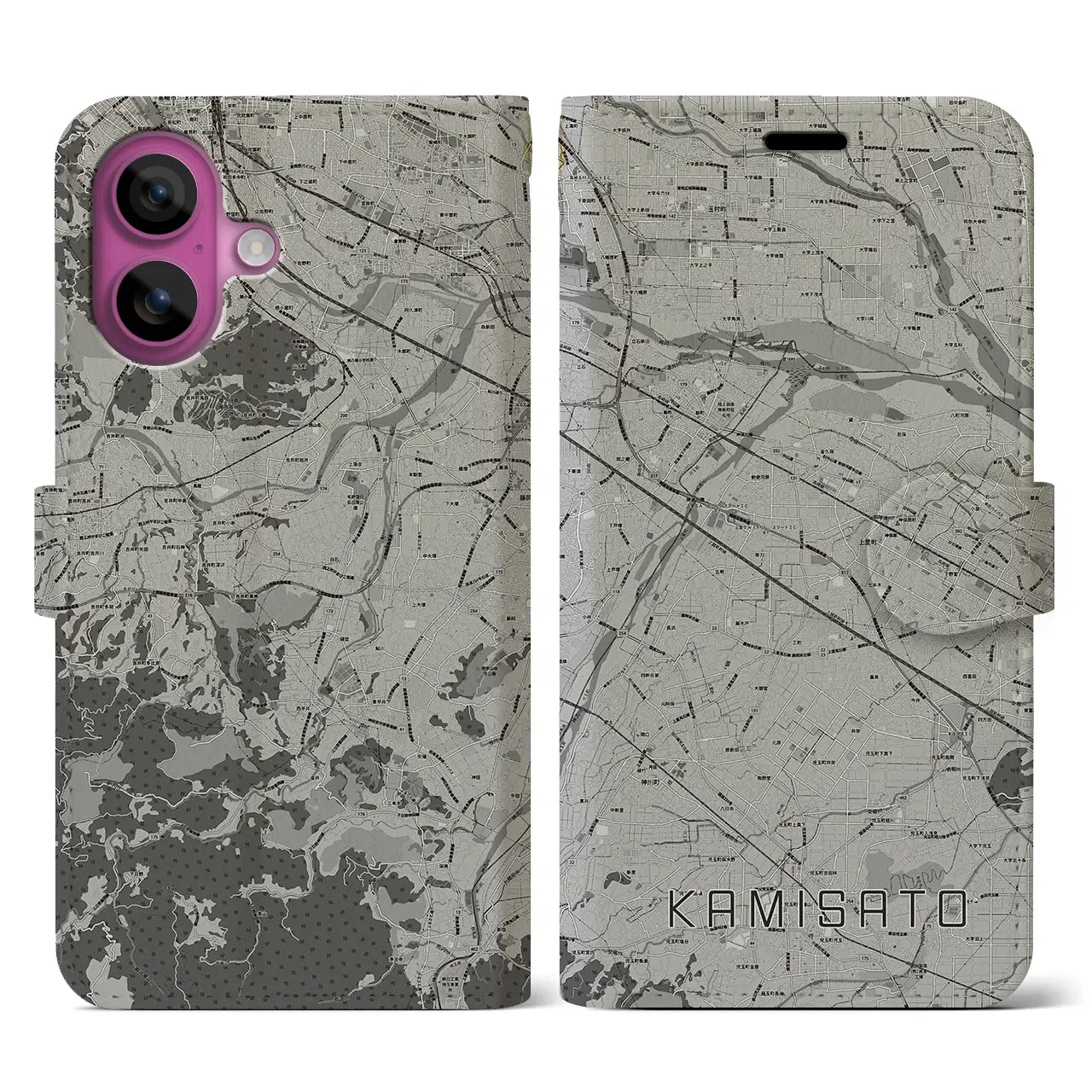 【上里(埼玉県)】地図柄iPhoneケース(手帳タイプ)モノトーン・iPhone 16 Pro 用