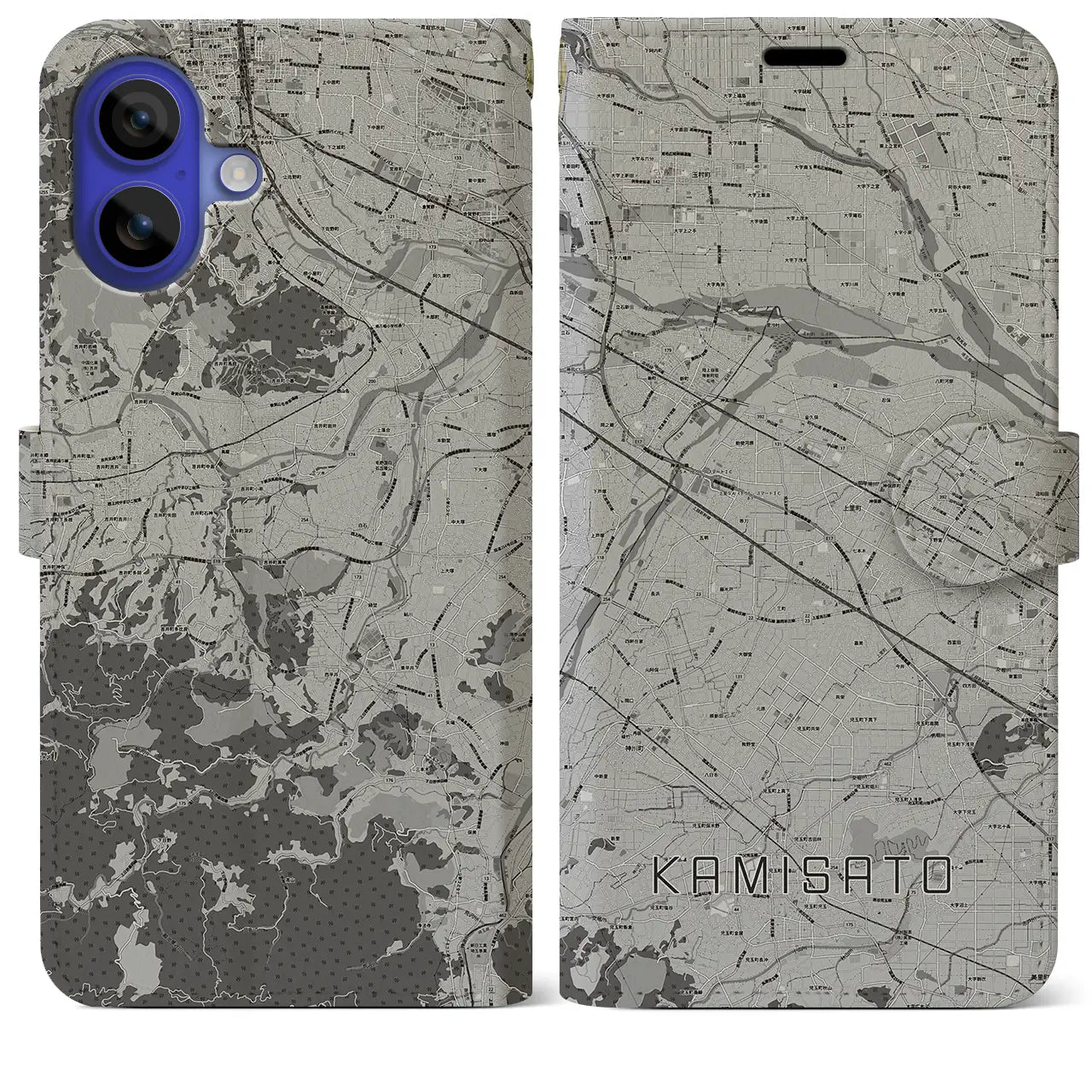 【上里(埼玉県)】地図柄iPhoneケース(手帳タイプ)モノトーン・iPhone 16 Pro Max 用