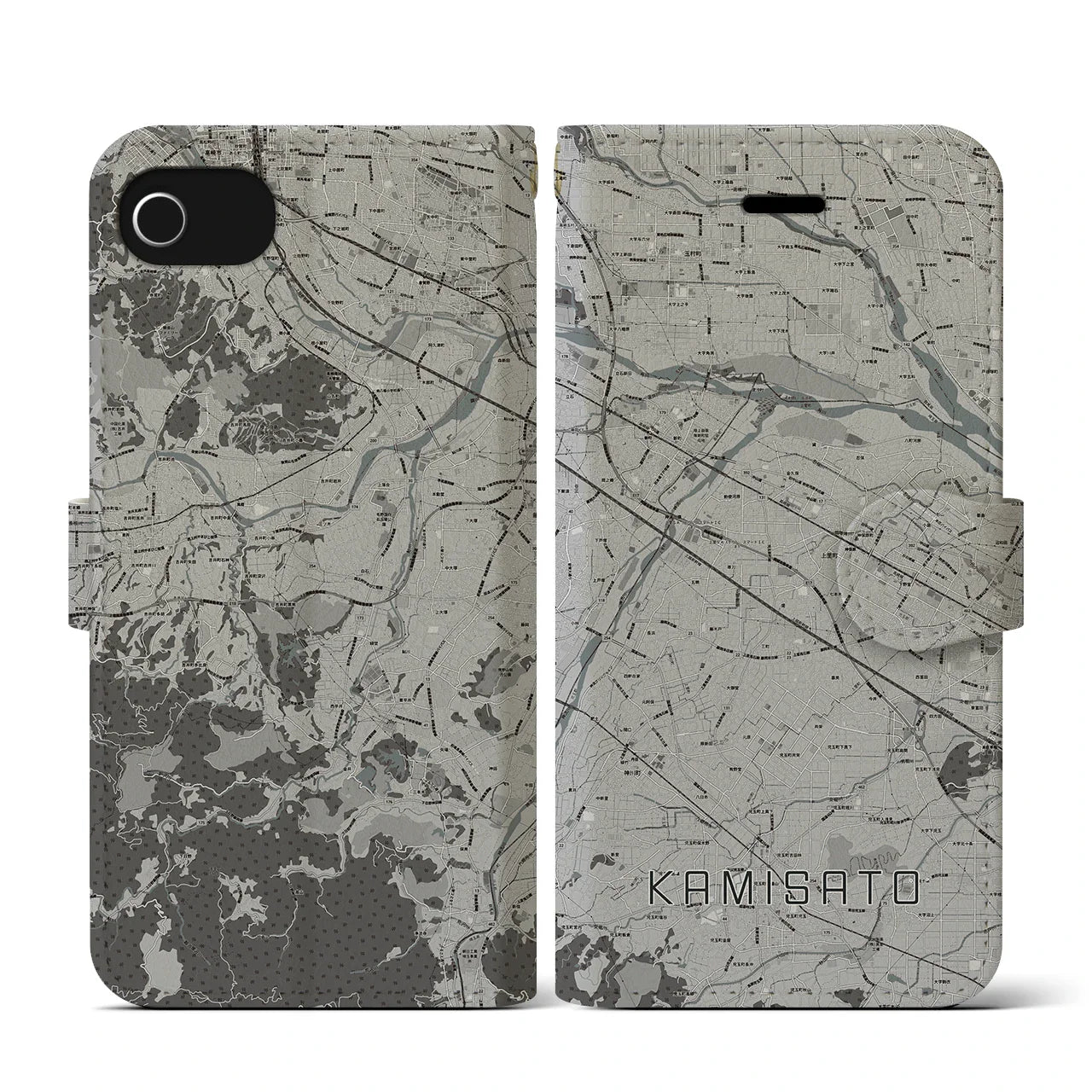【上里(埼玉県)】地図柄iPhoneケース(手帳タイプ)モノトーン・iPhone SE(第3 / 第2世代) / 8 / 7 / 6s / 6 用