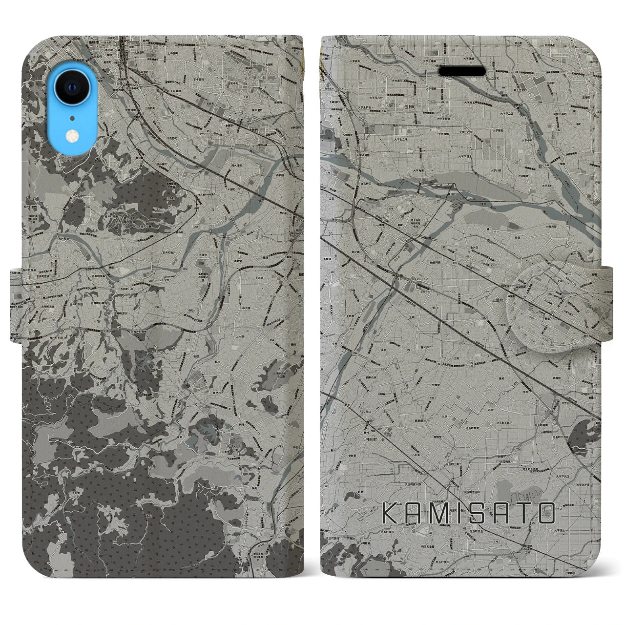 【上里(埼玉県)】地図柄iPhoneケース(手帳タイプ)モノトーン・iPhone XR 用