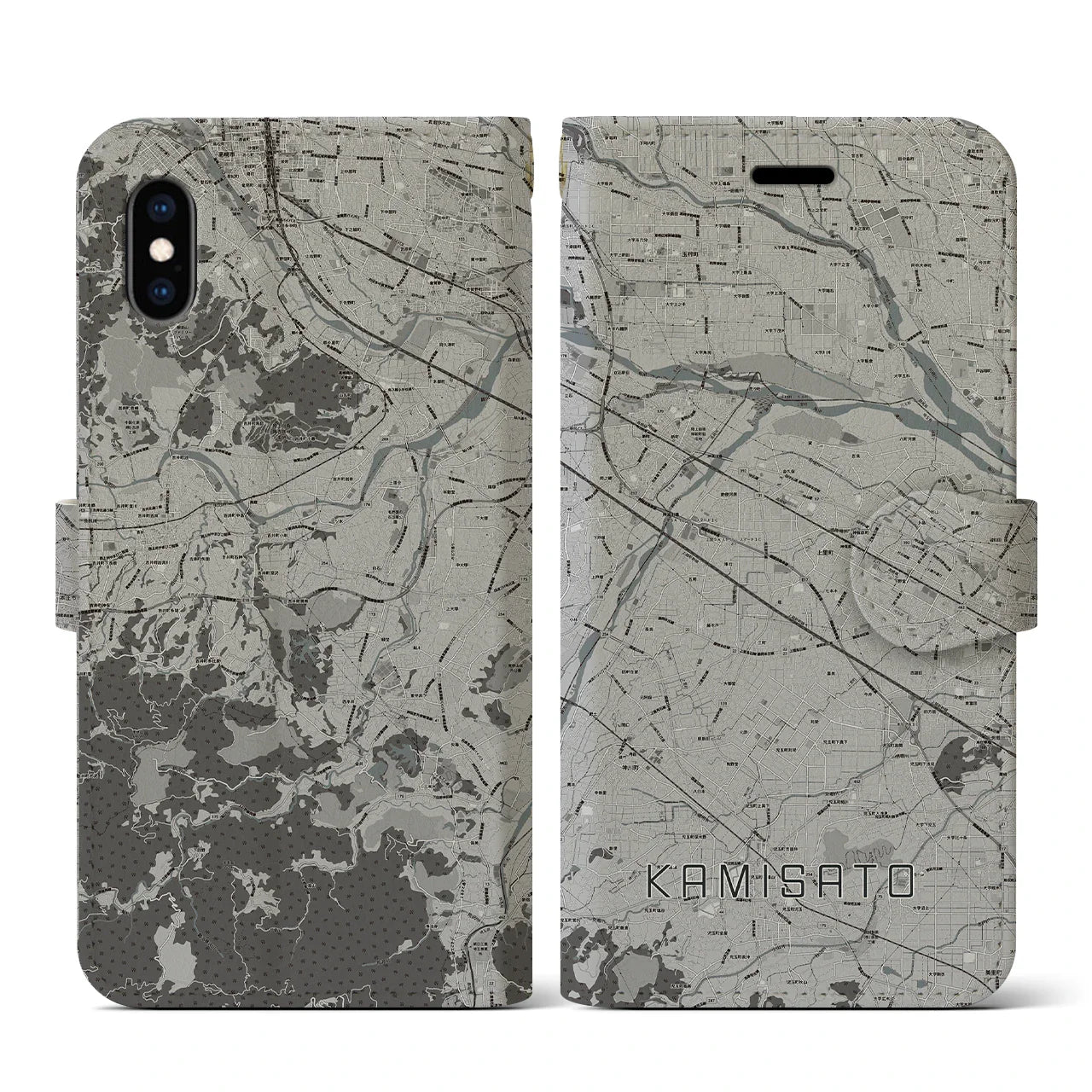 【上里(埼玉県)】地図柄iPhoneケース(手帳タイプ)モノトーン・iPhone XS / X 用