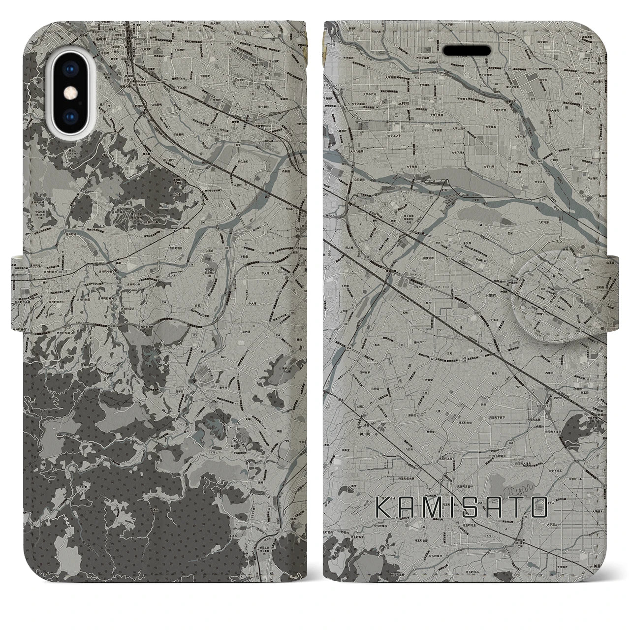 【上里(埼玉県)】地図柄iPhoneケース(手帳タイプ)モノトーン・iPhone XS Max 用