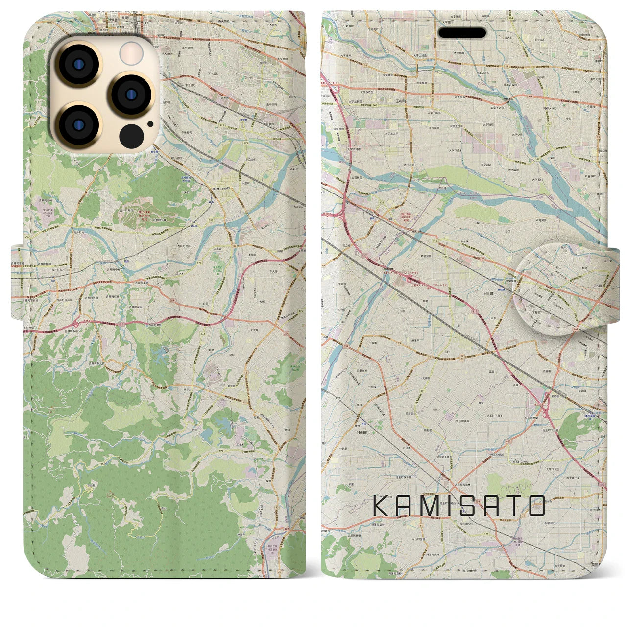 【上里(埼玉県)】地図柄iPhoneケース(手帳タイプ)ナチュラル・iPhone 12 Pro Max 用