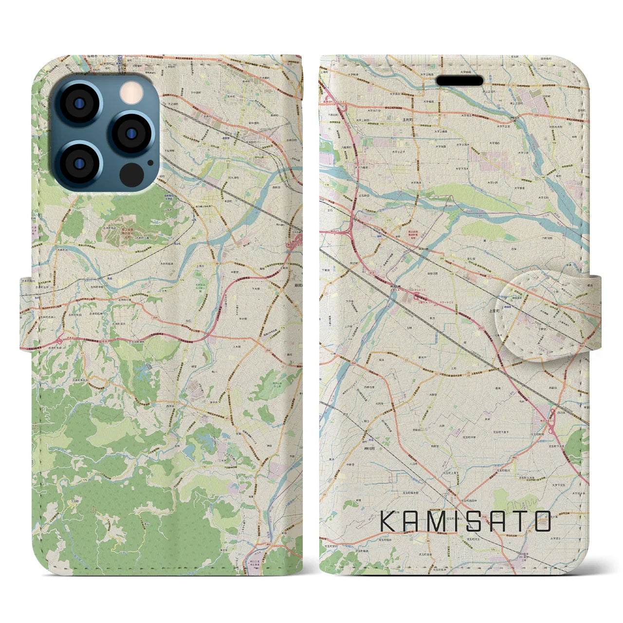 【上里(埼玉県)】地図柄iPhoneケース(手帳タイプ)ナチュラル・iPhone 12 / 12 Pro 用