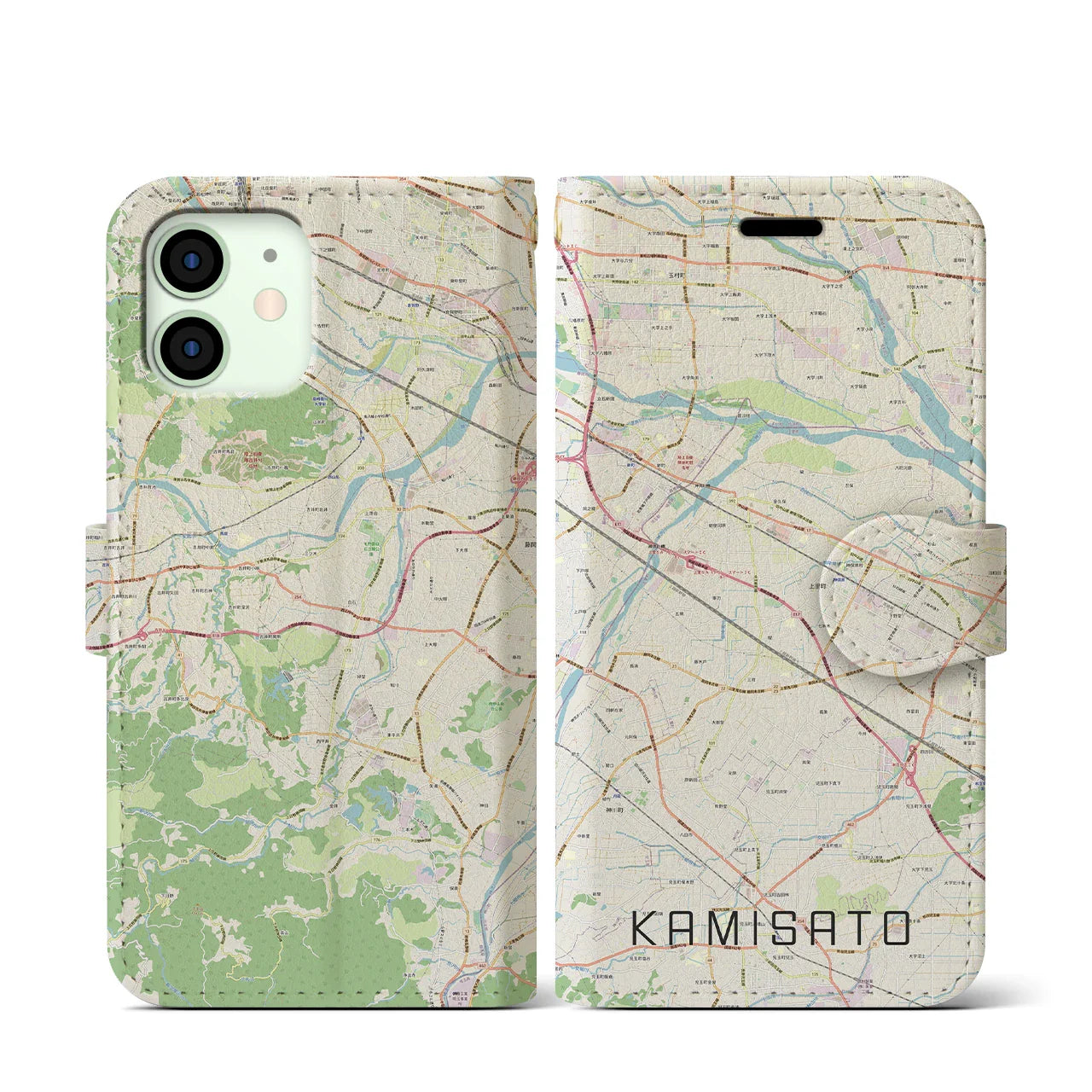 【上里(埼玉県)】地図柄iPhoneケース(手帳タイプ)ナチュラル・iPhone 12 mini 用