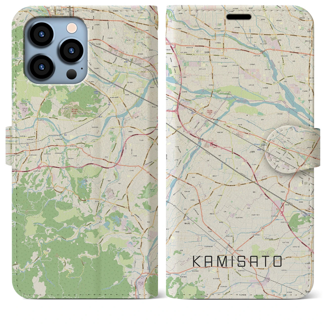 【上里(埼玉県)】地図柄iPhoneケース(手帳タイプ)ナチュラル・iPhone 13 Pro Max 用