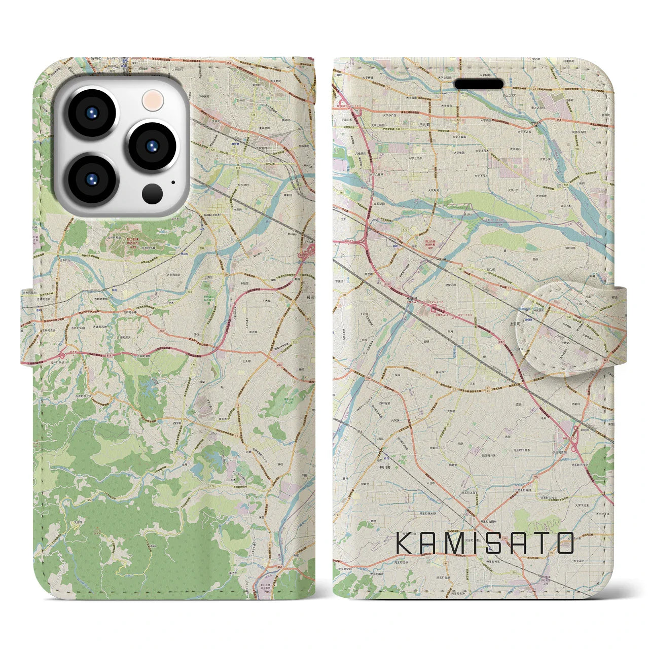 【上里(埼玉県)】地図柄iPhoneケース(手帳タイプ)ナチュラル・iPhone 13 Pro 用