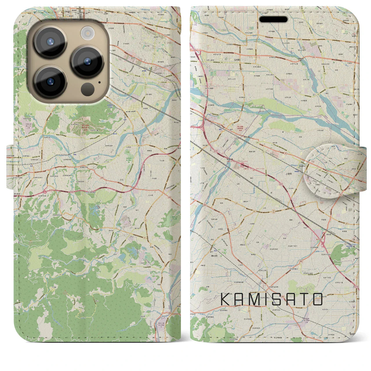 【上里(埼玉県)】地図柄iPhoneケース(手帳タイプ)ナチュラル・iPhone 14 Pro Max 用