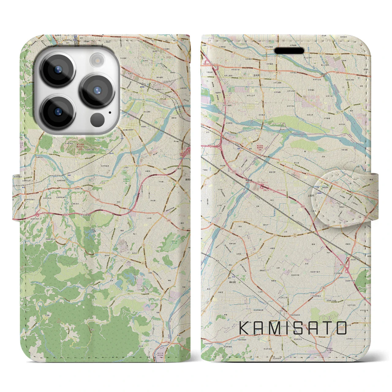 【上里(埼玉県)】地図柄iPhoneケース(手帳タイプ)ナチュラル・iPhone 14 Pro 用