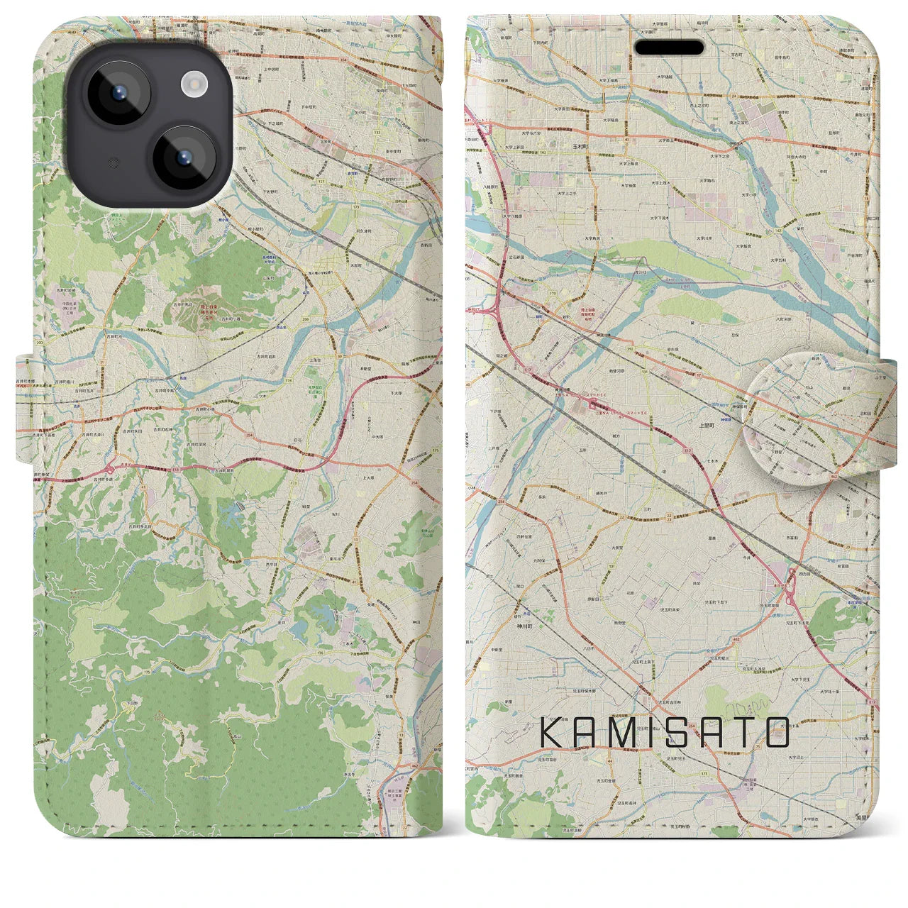 【上里(埼玉県)】地図柄iPhoneケース(手帳タイプ)ナチュラル・iPhone 14 Plus 用