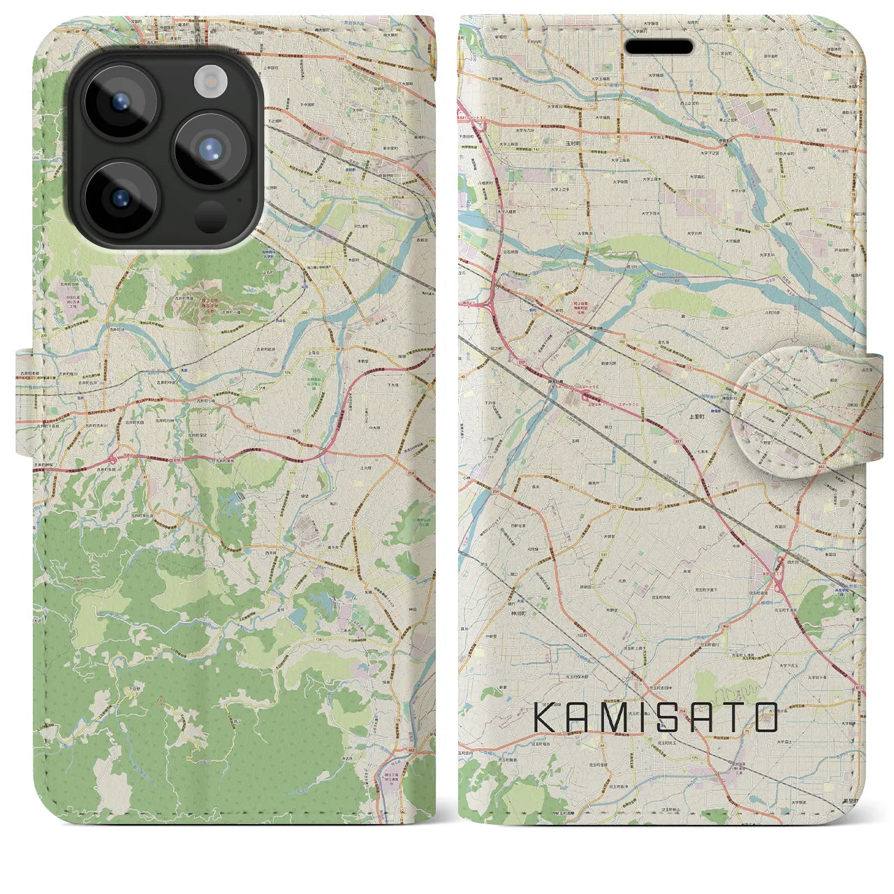 【上里(埼玉県)】地図柄iPhoneケース(手帳タイプ)ナチュラル・iPhone 15 Pro Max 用