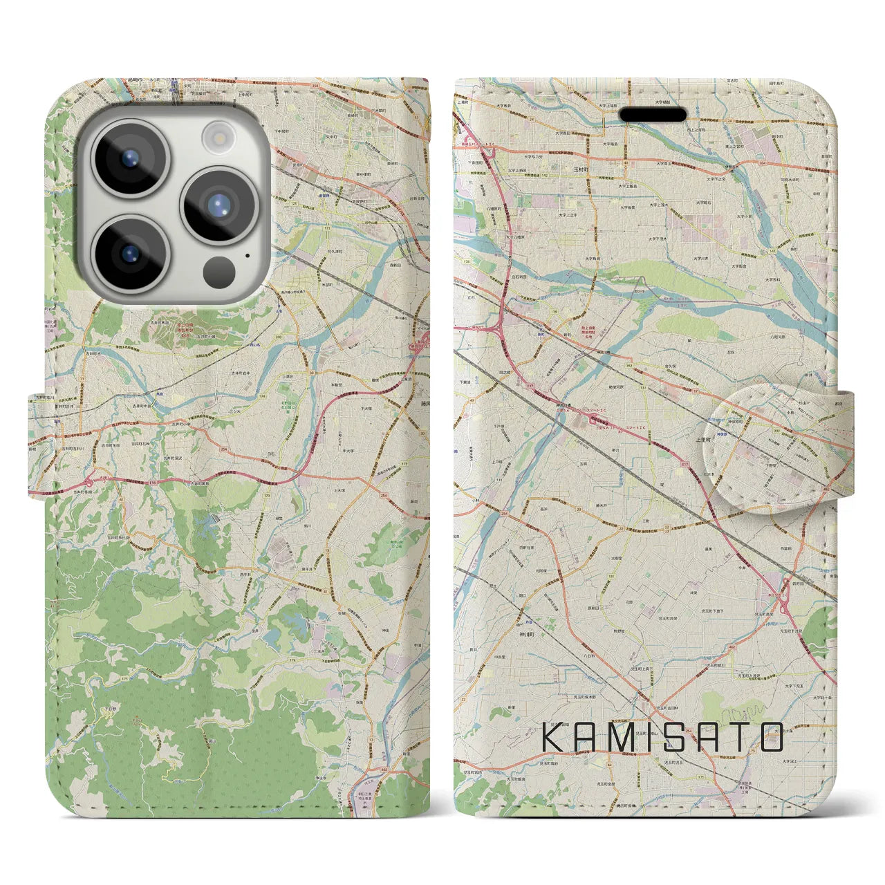 【上里(埼玉県)】地図柄iPhoneケース(手帳タイプ)ナチュラル・iPhone 15 Pro 用