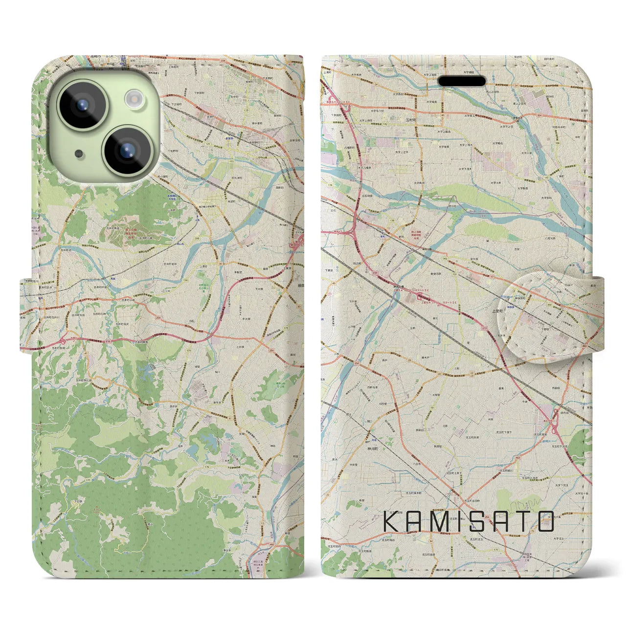 【上里(埼玉県)】地図柄iPhoneケース(手帳タイプ)ナチュラル・iPhone 15 用