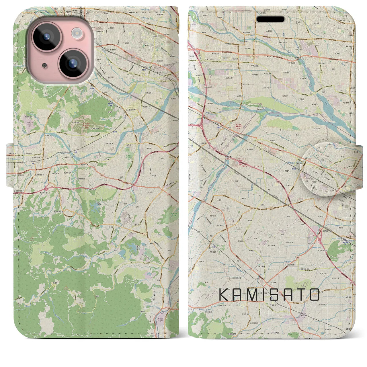 【上里(埼玉県)】地図柄iPhoneケース(手帳タイプ)ナチュラル・iPhone 15 Plus 用