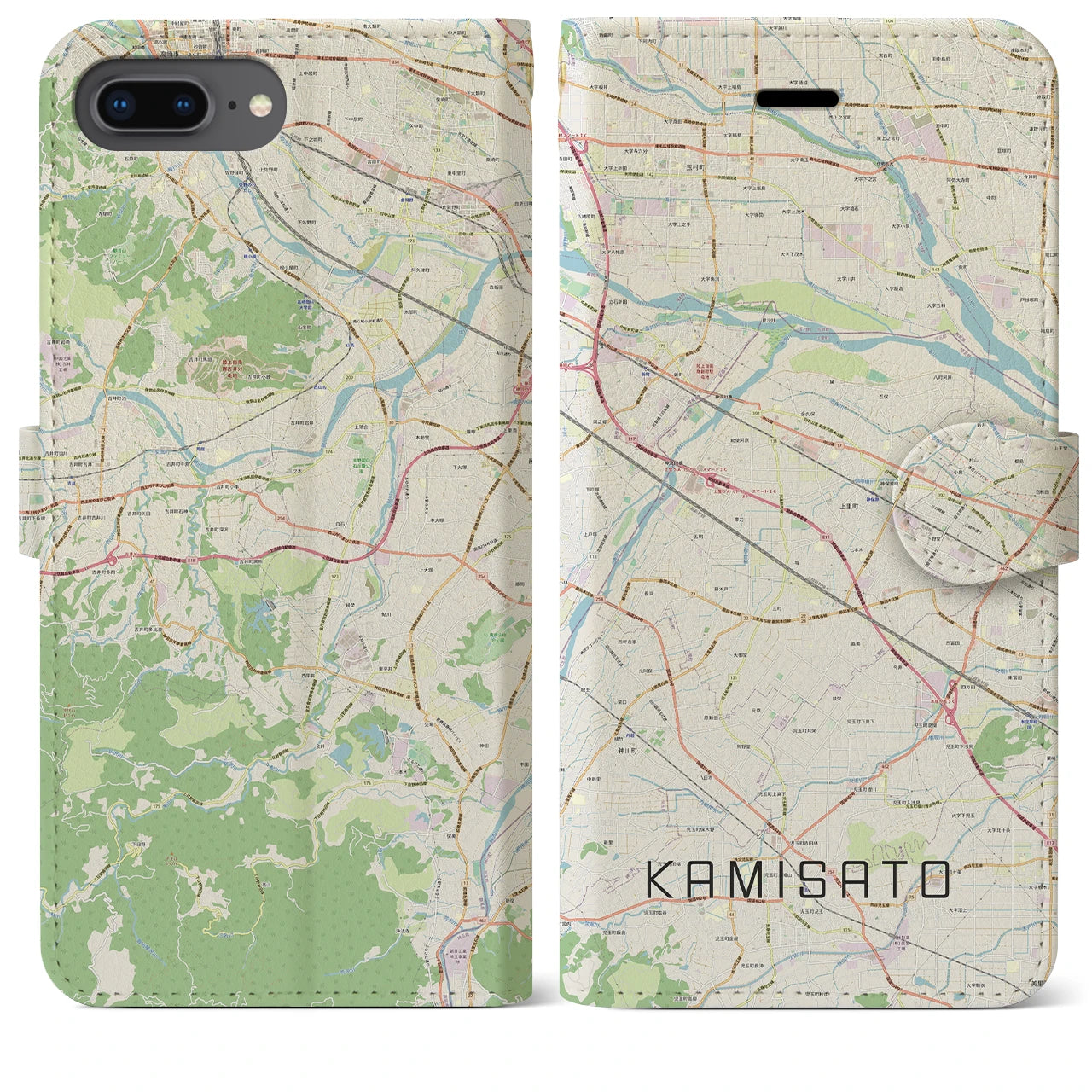 【上里(埼玉県)】地図柄iPhoneケース(手帳タイプ)ナチュラル・iPhone 8Plus /7Plus / 6sPlus / 6Plus 用