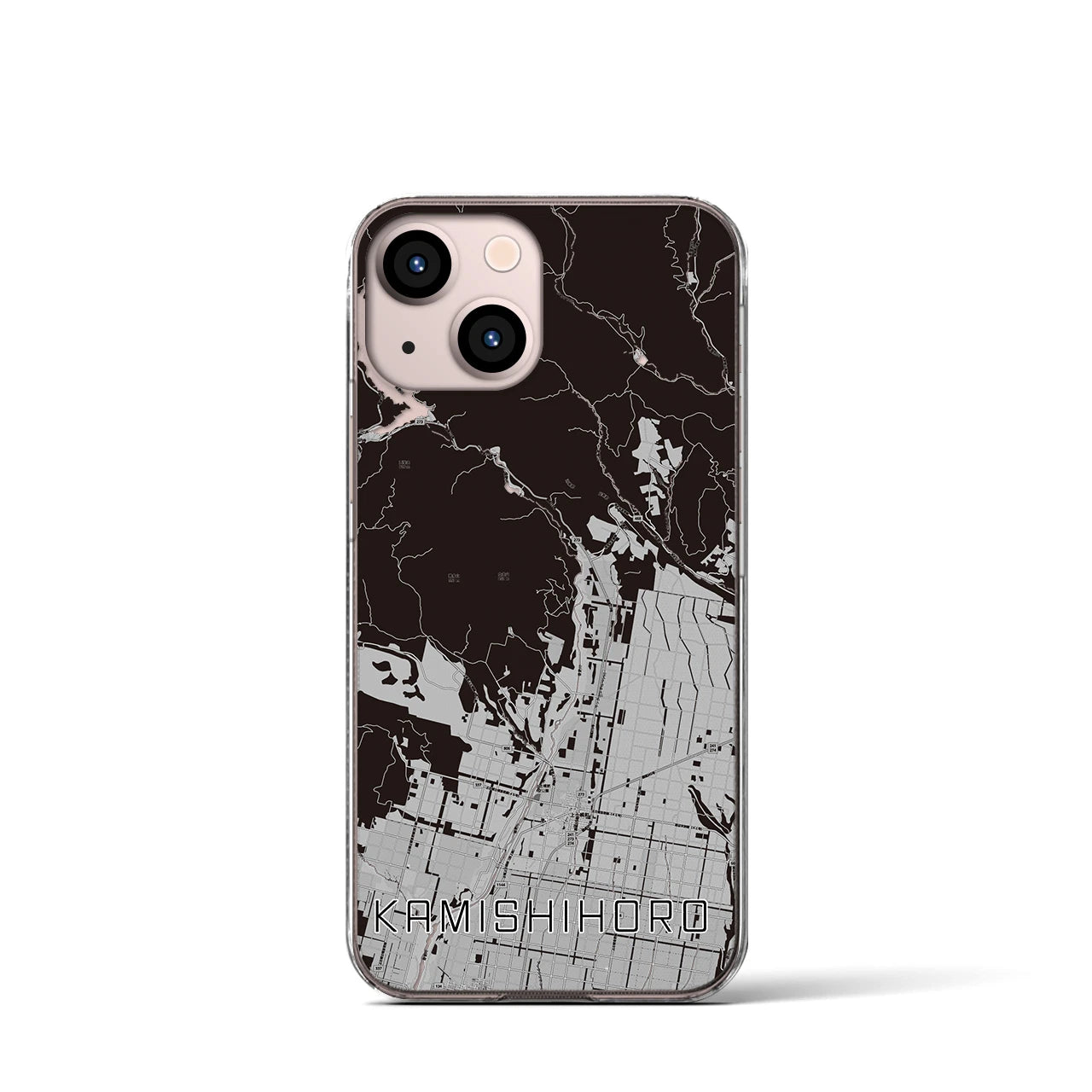 【上士幌(北海道)】地図柄iPhoneケース(クリアタイプ)モノトーン・iPhone 13 mini 用