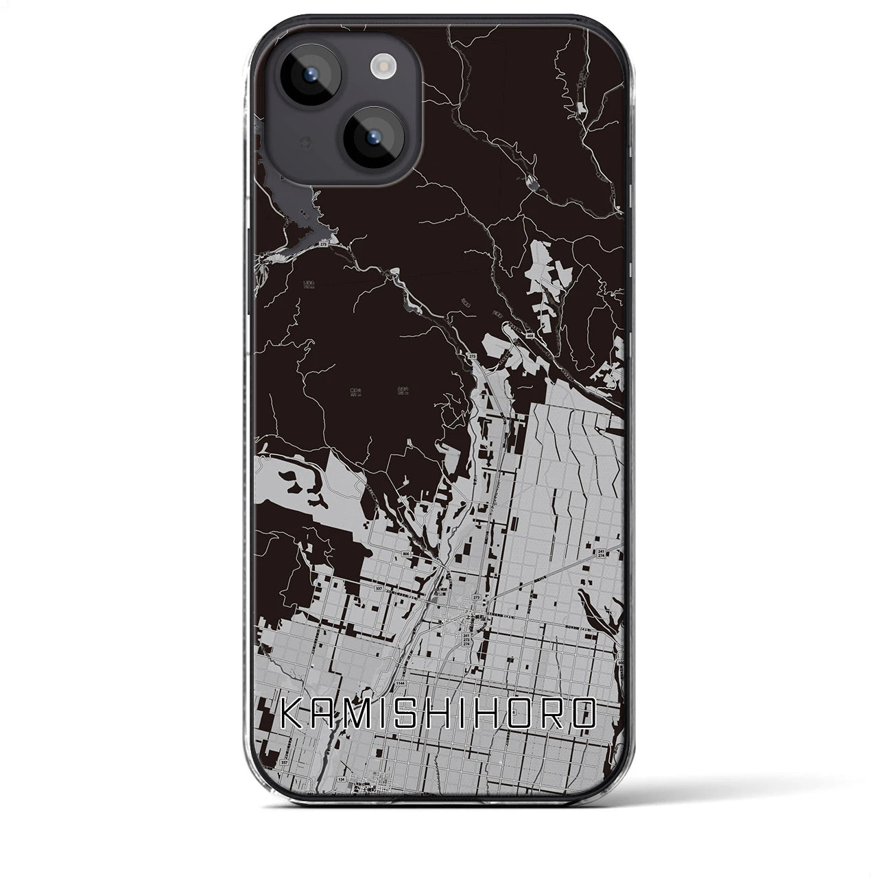 【上士幌(北海道)】地図柄iPhoneケース(クリアタイプ)モノトーン・iPhone 14 Plus 用