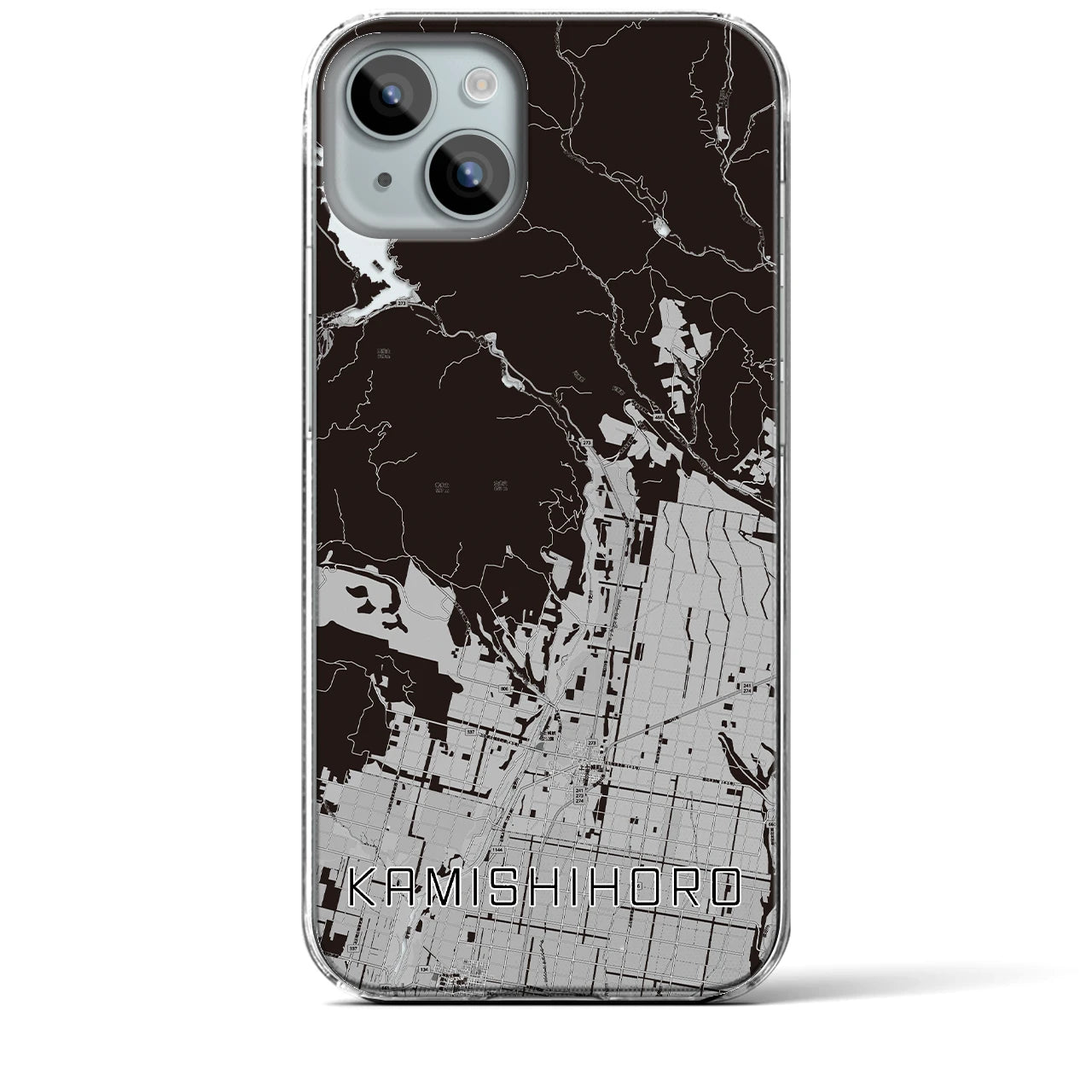 【上士幌(北海道)】地図柄iPhoneケース(クリアタイプ)モノトーン・iPhone 15 Plus 用