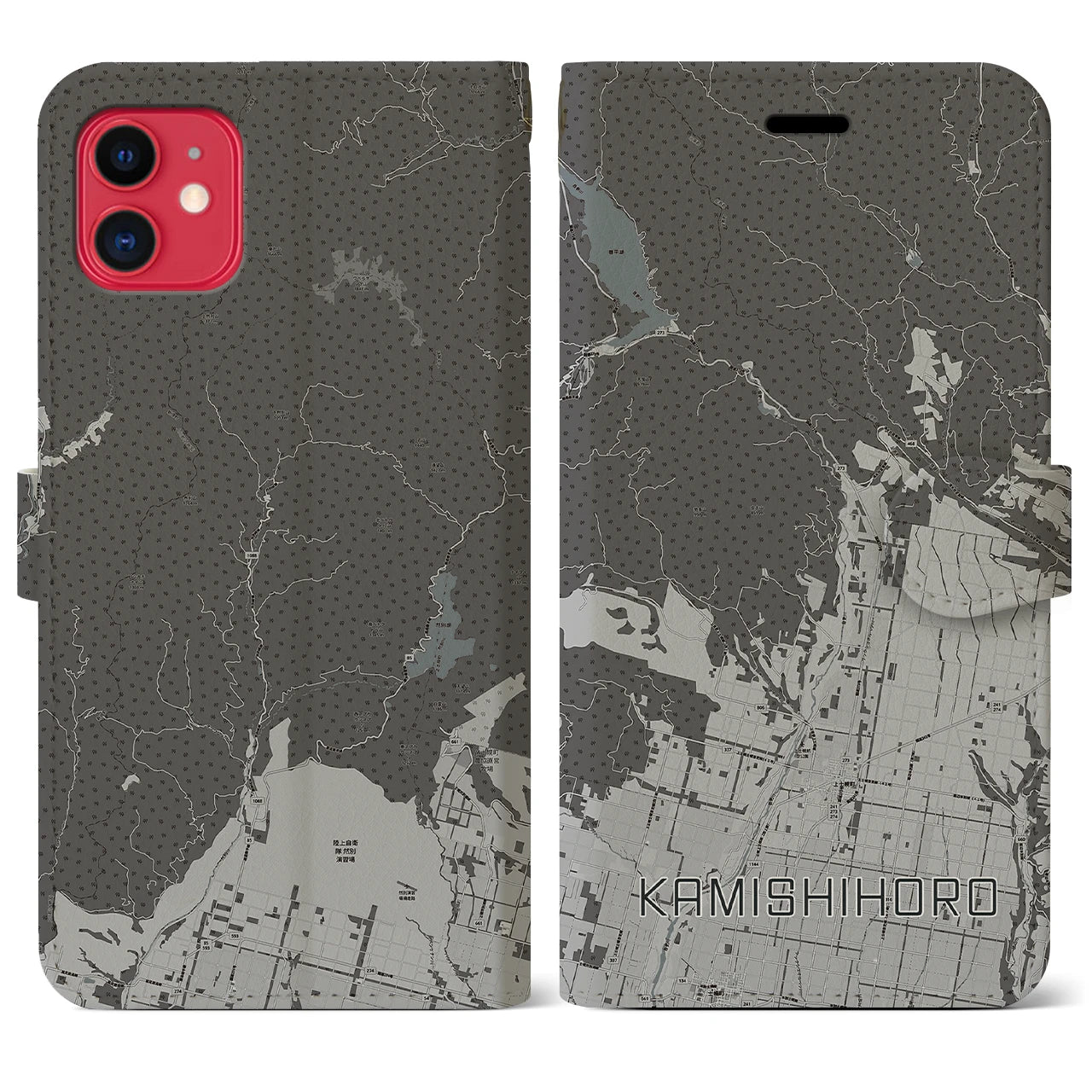 【上士幌(北海道)】地図柄iPhoneケース(手帳タイプ)モノトーン・iPhone 11 用