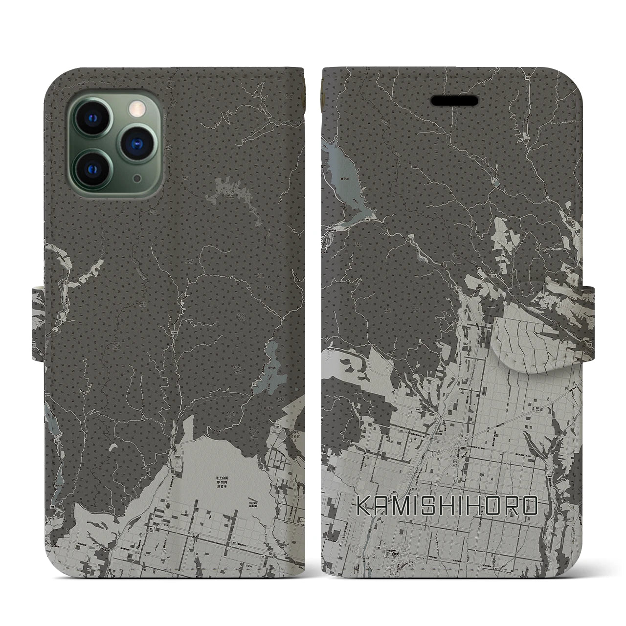 【上士幌(北海道)】地図柄iPhoneケース(手帳タイプ)モノトーン・iPhone 11 Pro 用