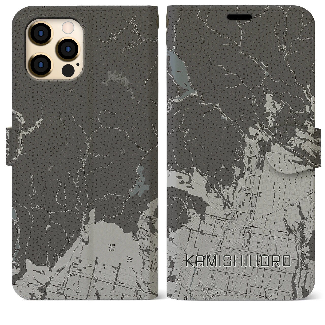 【上士幌(北海道)】地図柄iPhoneケース(手帳タイプ)モノトーン・iPhone 12 Pro Max 用