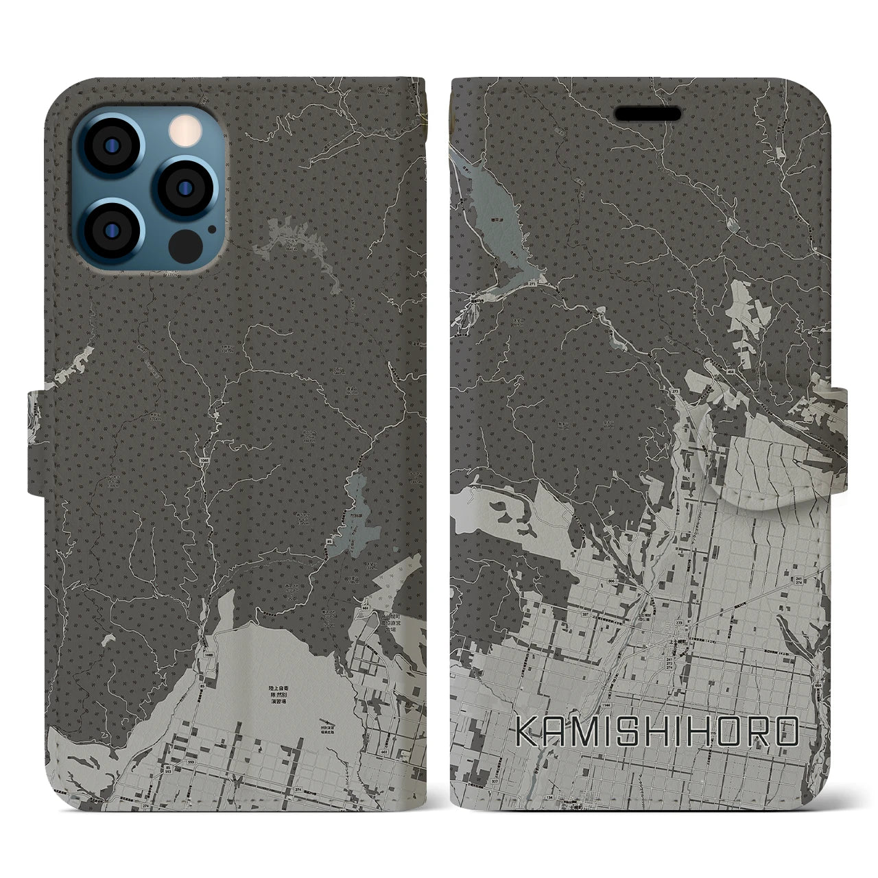 【上士幌(北海道)】地図柄iPhoneケース(手帳タイプ)モノトーン・iPhone 12 / 12 Pro 用