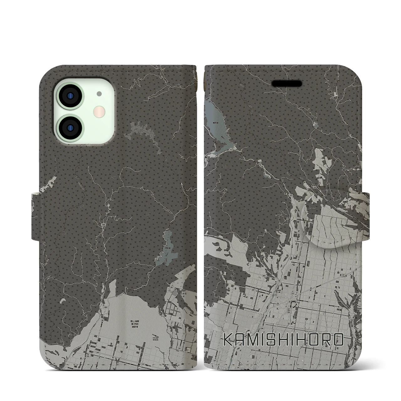 【上士幌(北海道)】地図柄iPhoneケース(手帳タイプ)モノトーン・iPhone 12 mini 用